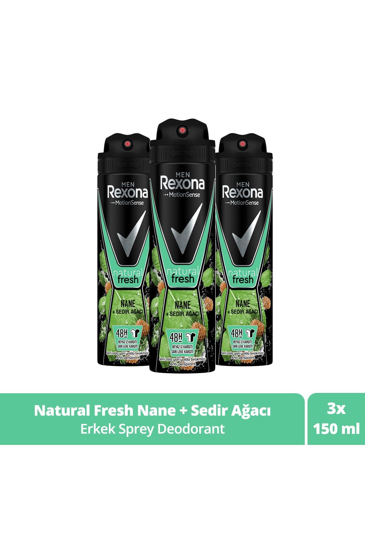 Rexona Men Erkek Sprey Deodorant Natural Fresh Nane ve Sedir Ağacı 150 ml x3 Adet