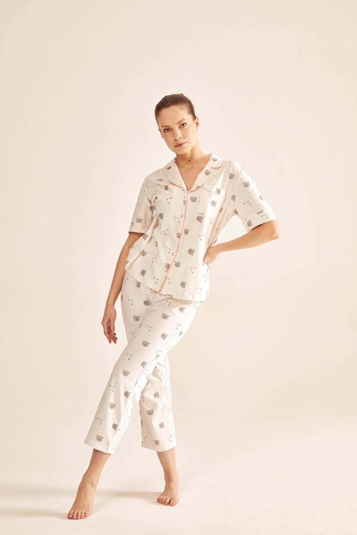Hays Kadın Pamuklu Gömlek Yaka Midi Pijama Takımı