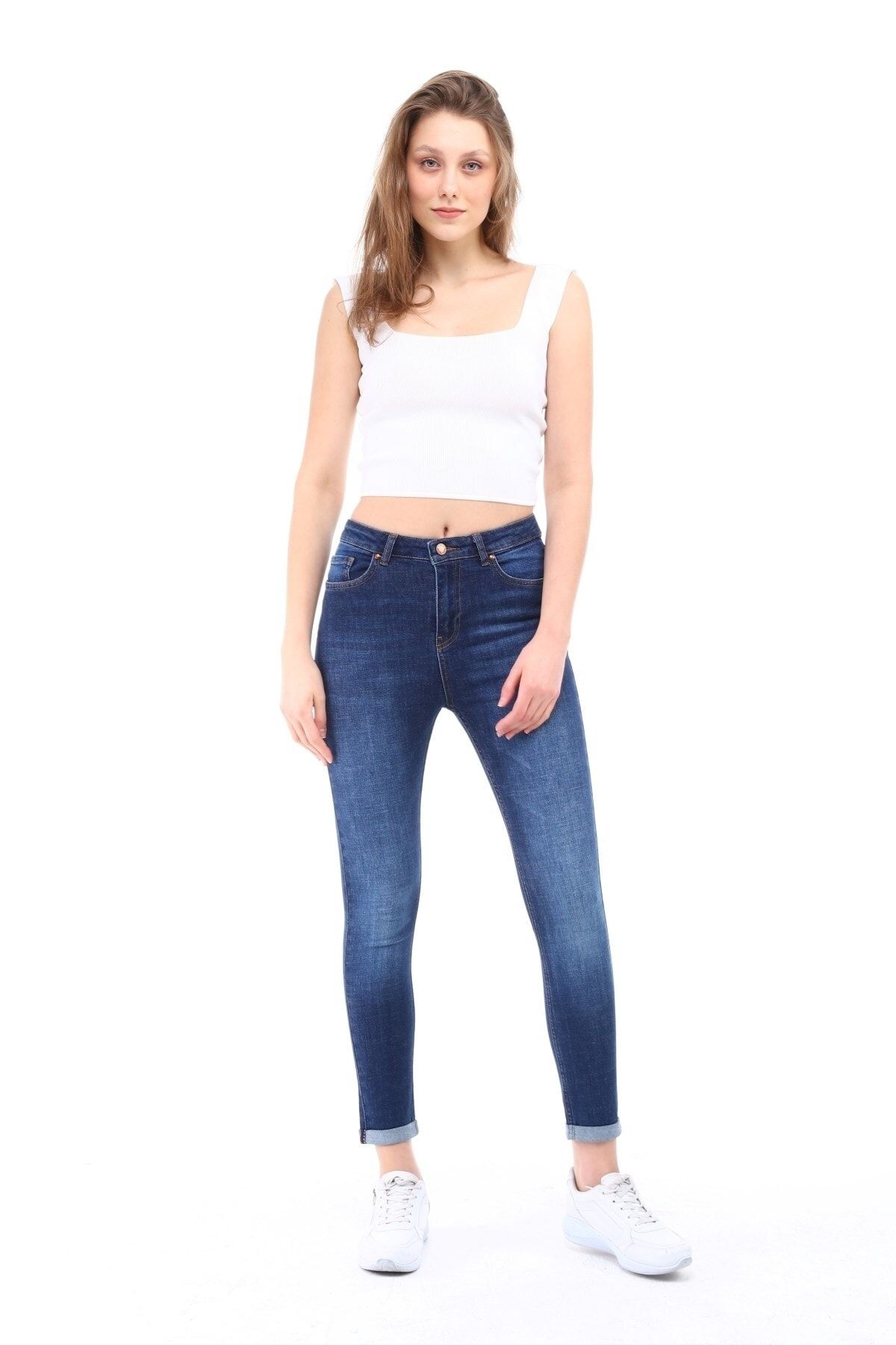 CEDY DENIM Kadın Yıpratmasız Lacivert Hafif Likralı Skinny Fit Double Paça Jean Pantolon C609