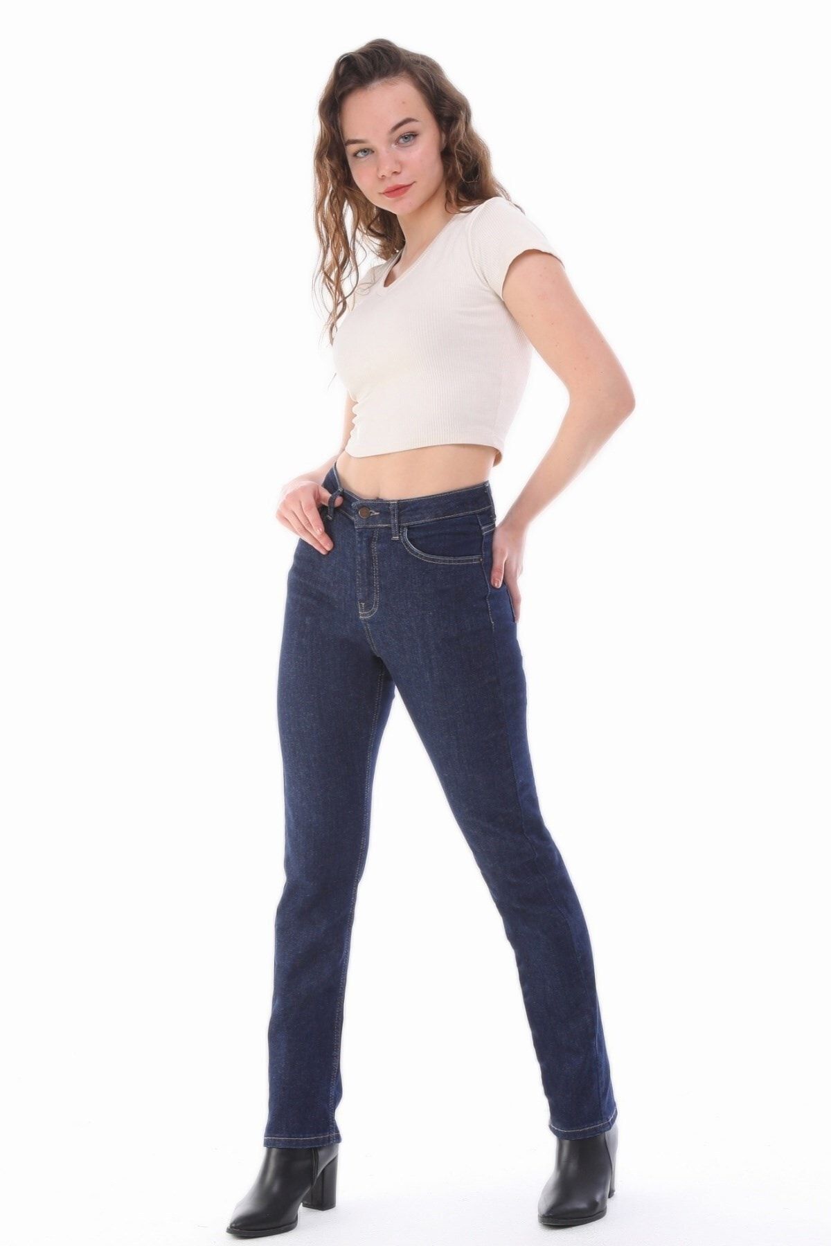 CEDY DENIM Kadın Ham Mavi Likralı Yüksek Bel Regular Fit Boru Paça Pantolon Jean C607