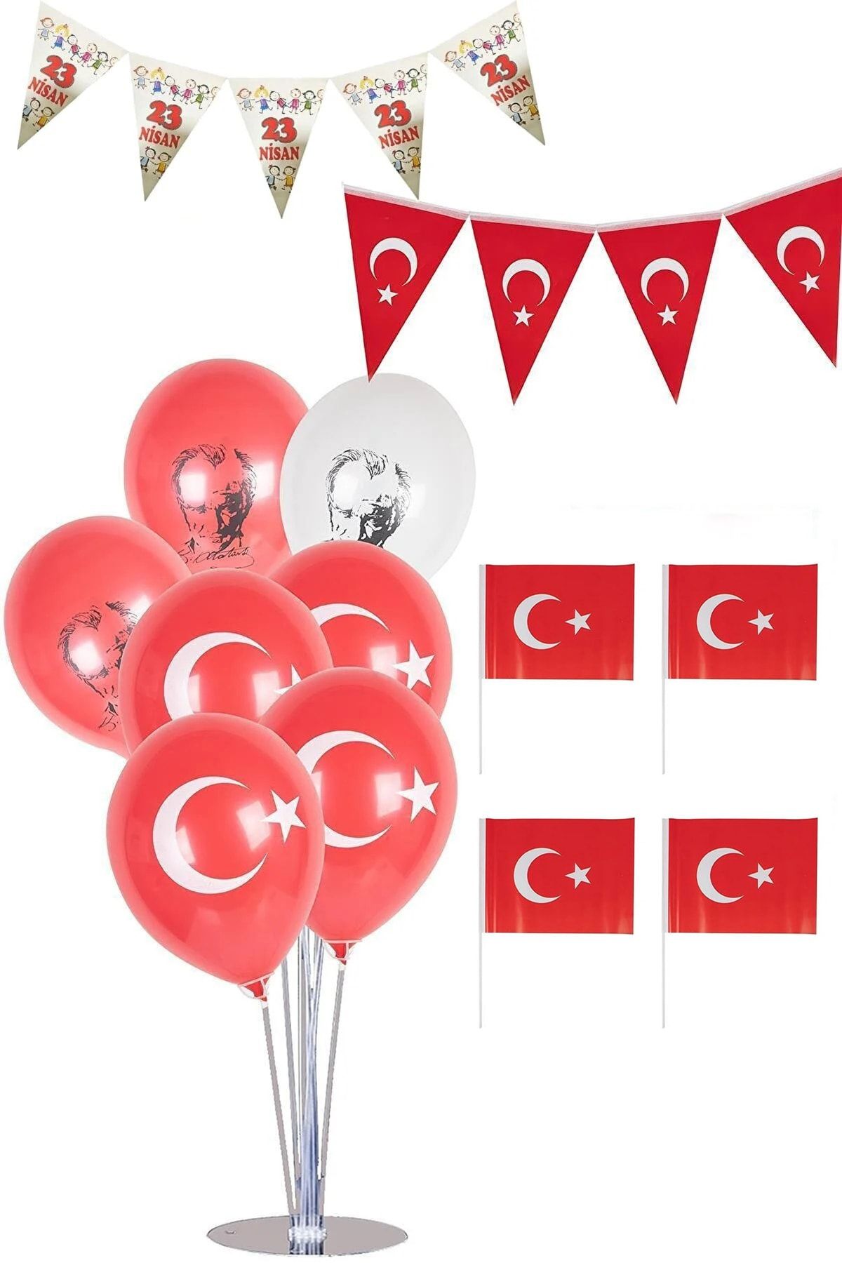 Parti Dolabı 23 Nisan Balon Standlı Çubuklu Bayraklı Süsleme Seti Türk Bayrağı Flama Ev Kreş Okul Süsü