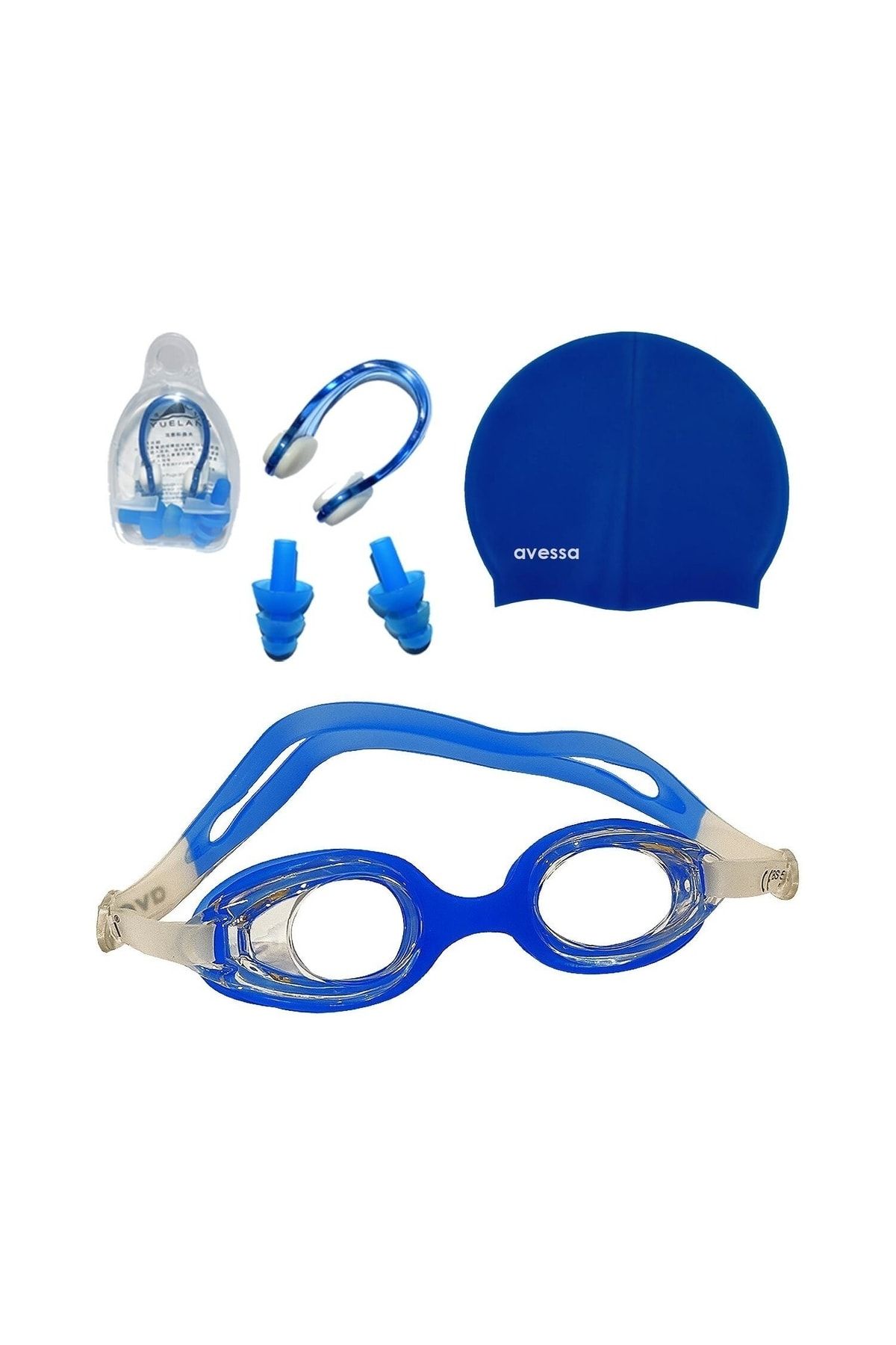 Avessa 3'lü Çocuk Gözlüğü Havuz Seti Yüzücü Deniz Gözlüğü Havuz Gözlüğü + Bone + Kulak Burun Tıkacı Mavi