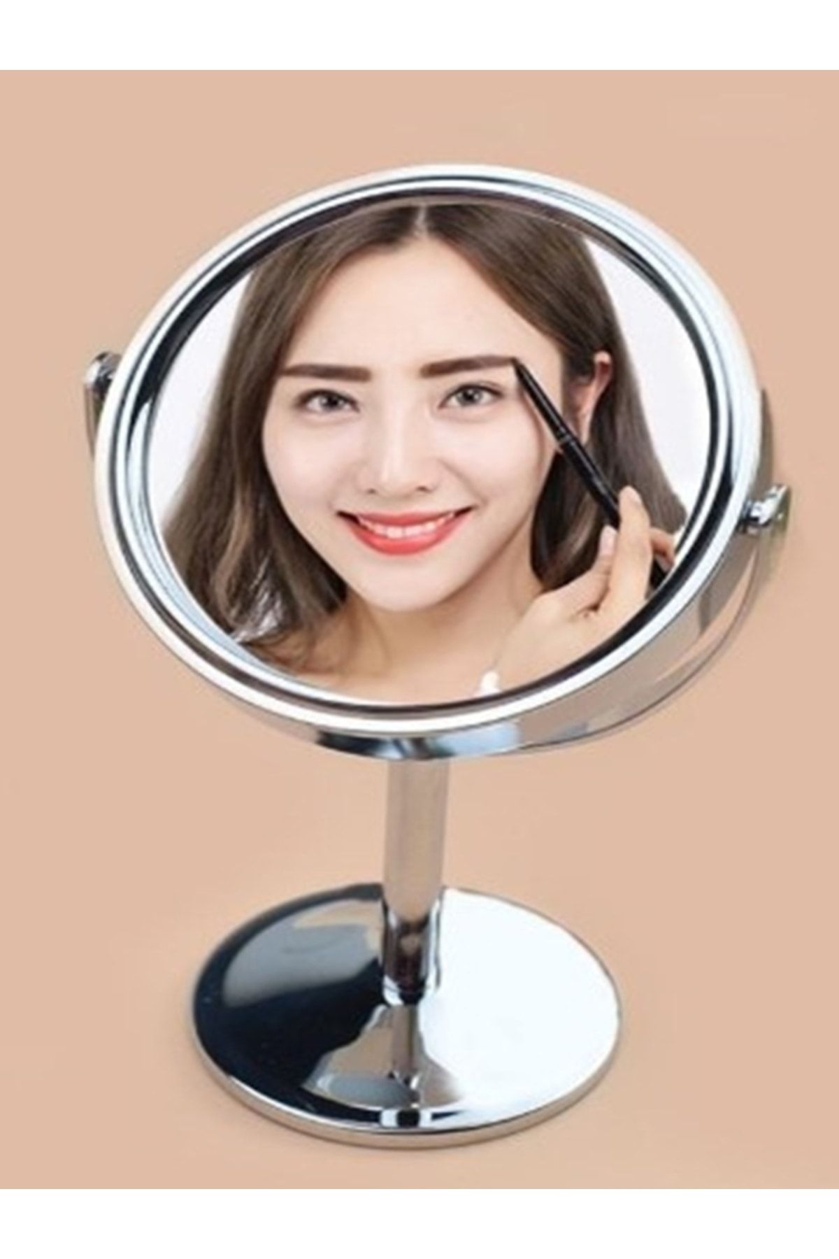 gaman Metal Ayaklı Ayna Mini Boy Krom Kaplama 5x Büyüteçli Masa Aynası Dekoratif Ayna Çift Taraflı