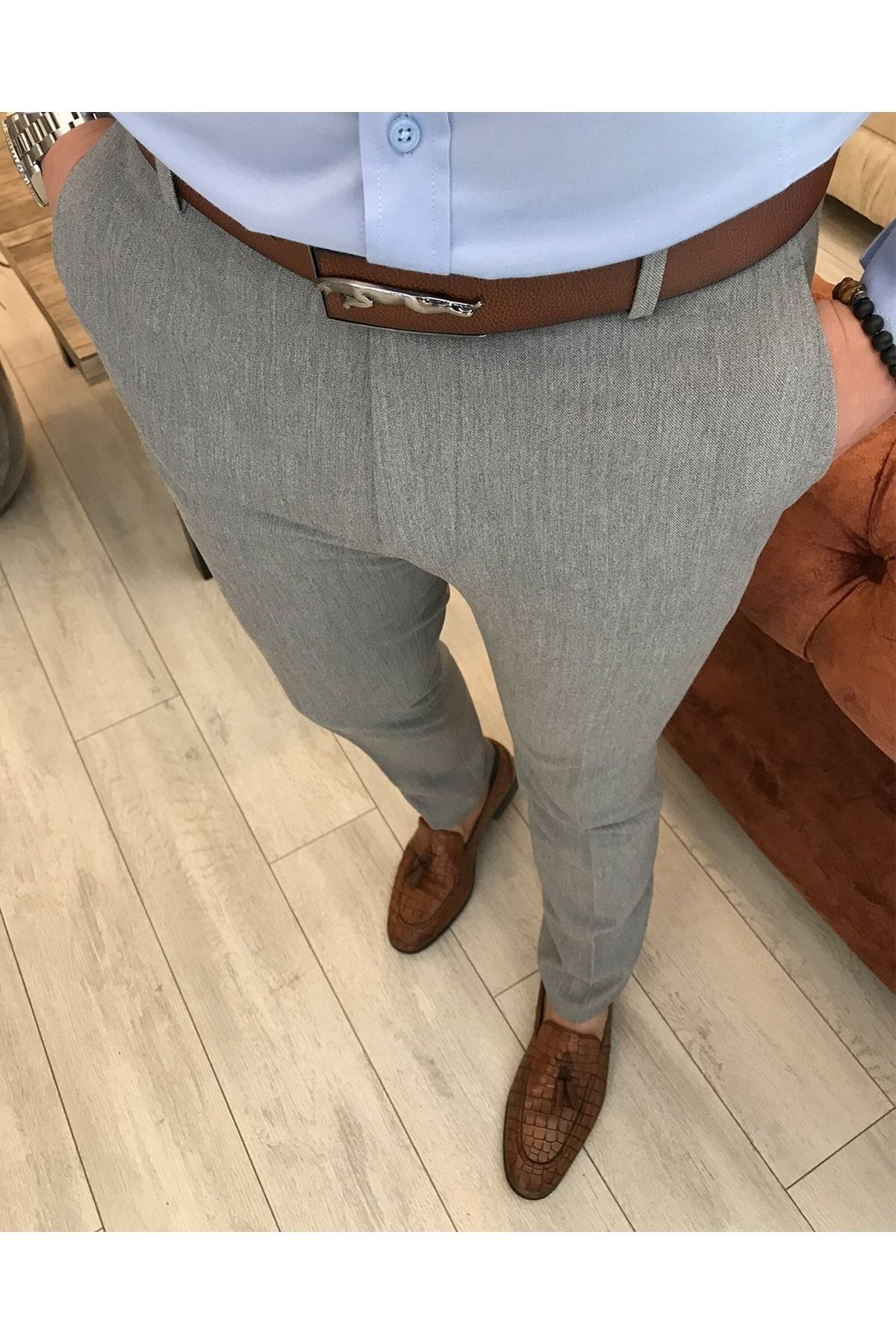 TerziAdemAltun Italyan Stil Slim Fit Erkek Kumaş Pantolon Gri T4254