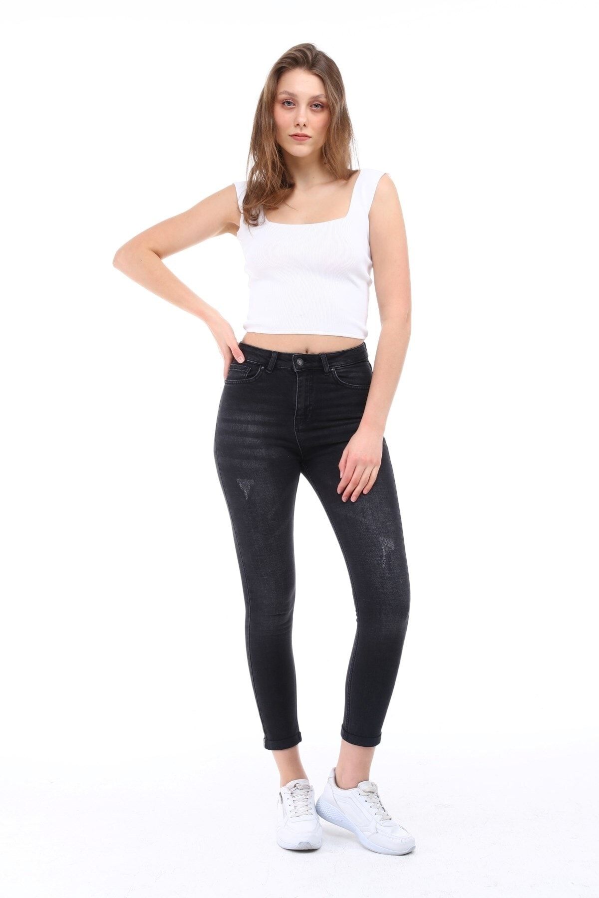 CEDY DENIM Kadın Yıpratmalı Antrasit Hafif Likralı Skinny Fit Double Paça Jean Pantolon C609