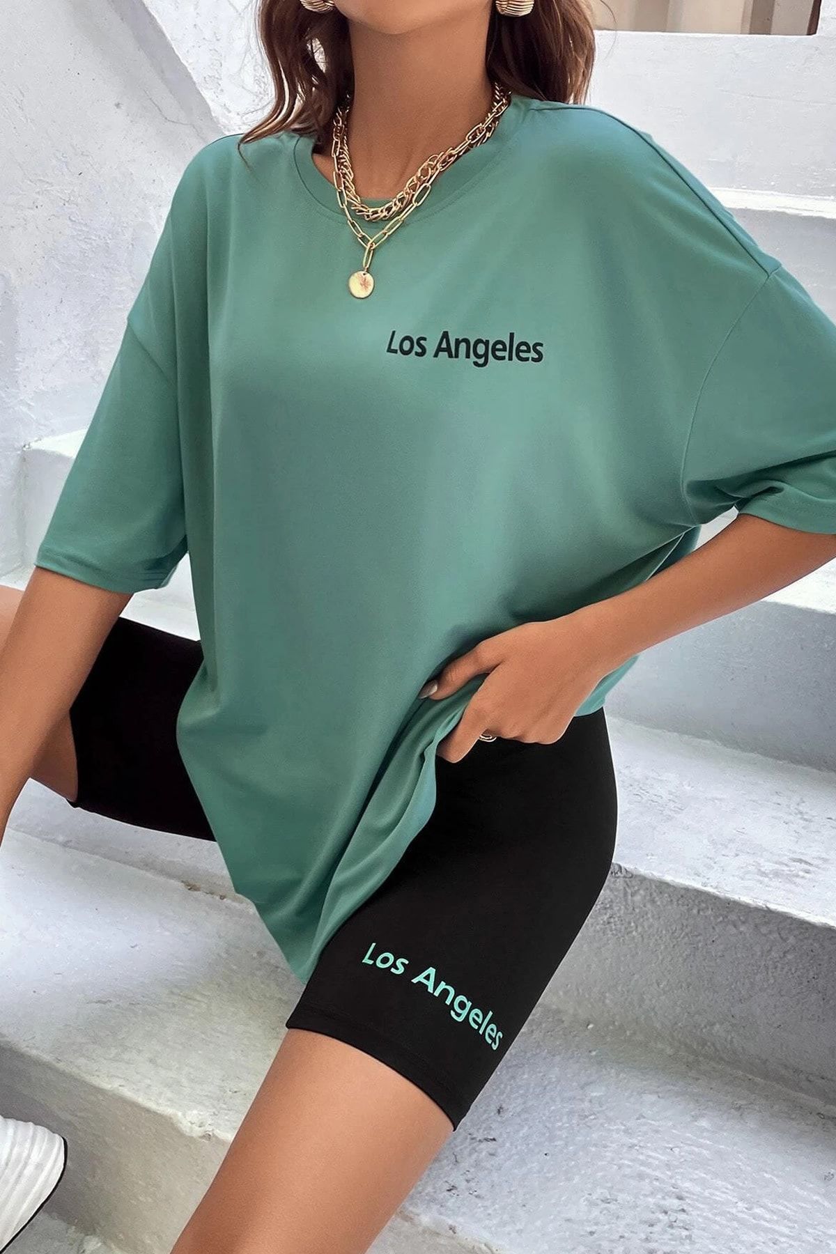 MODAGEN Kadın Oversize Mint Baskılı Tshirt-tayt Takım