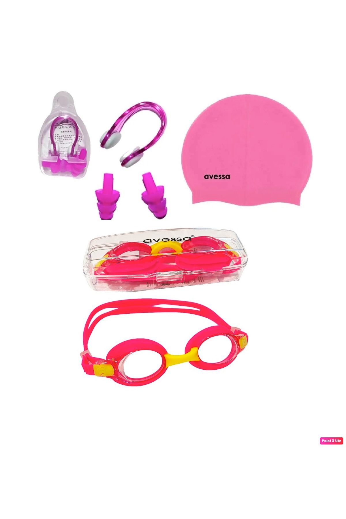 Avessa 3'lü 2670 Çocuk Gözlüğü Havuz Seti Yüzücü Gözlüğü Havuz Gözlüğü + Bone + Kulak Burun Tıkacı Pembe