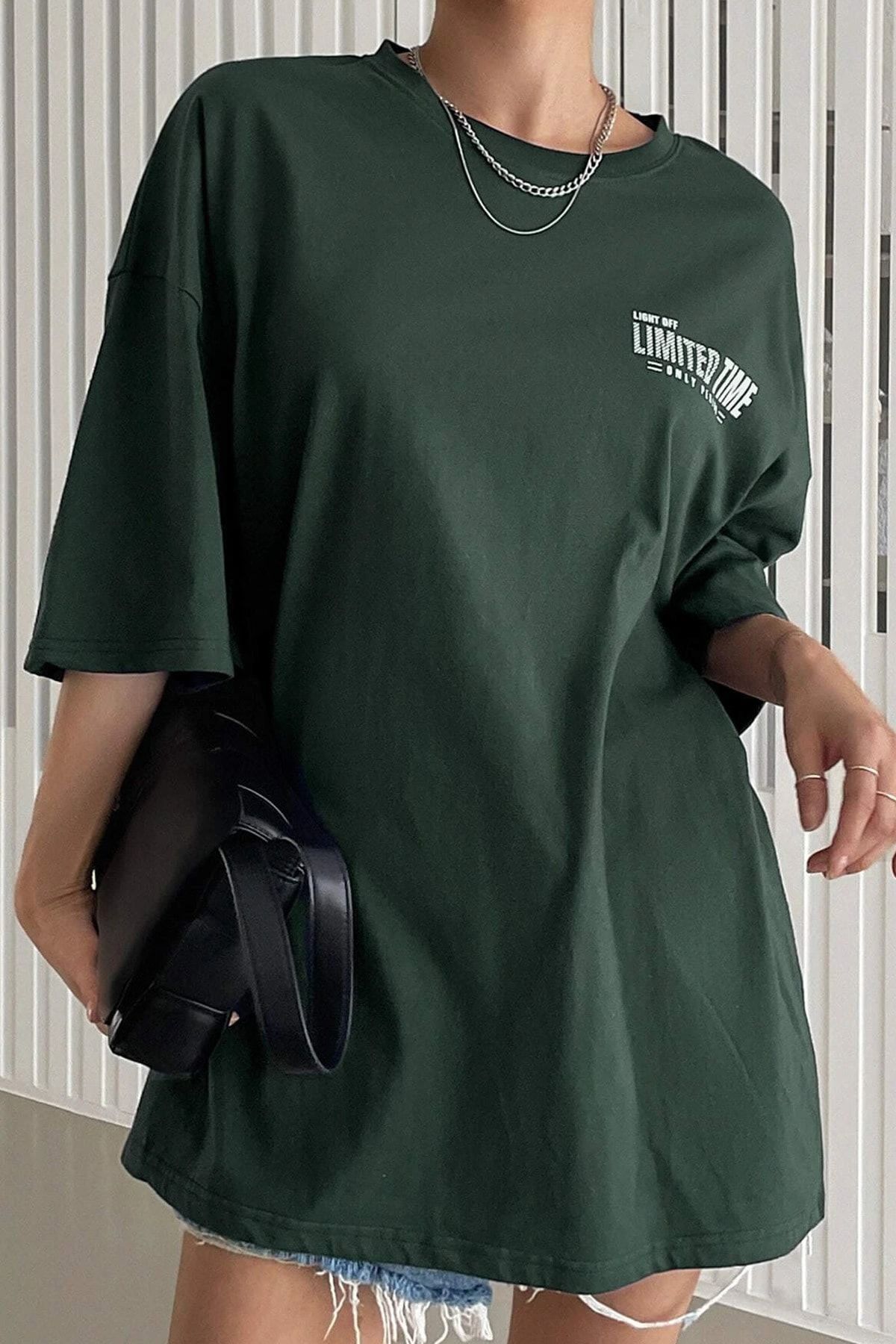 MODAGEN Kadın Nefti Yeşil Limited Edition Oversize Rahat Kesim Tshirt