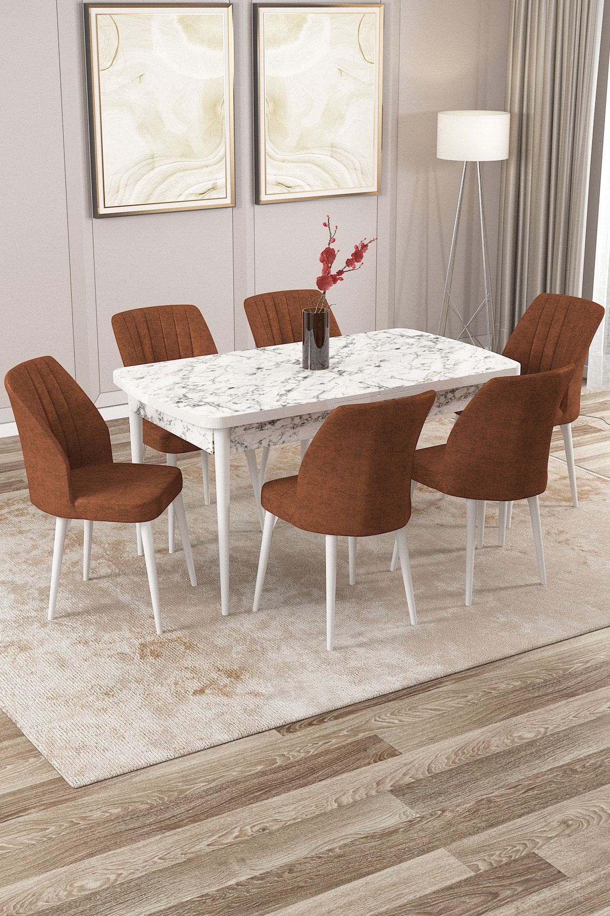 Rovena Zeta Beyaz Mermer Desen 80x132 Mdf Açılabilir Mutfak Masası Takımı 6 Adet Sandalye