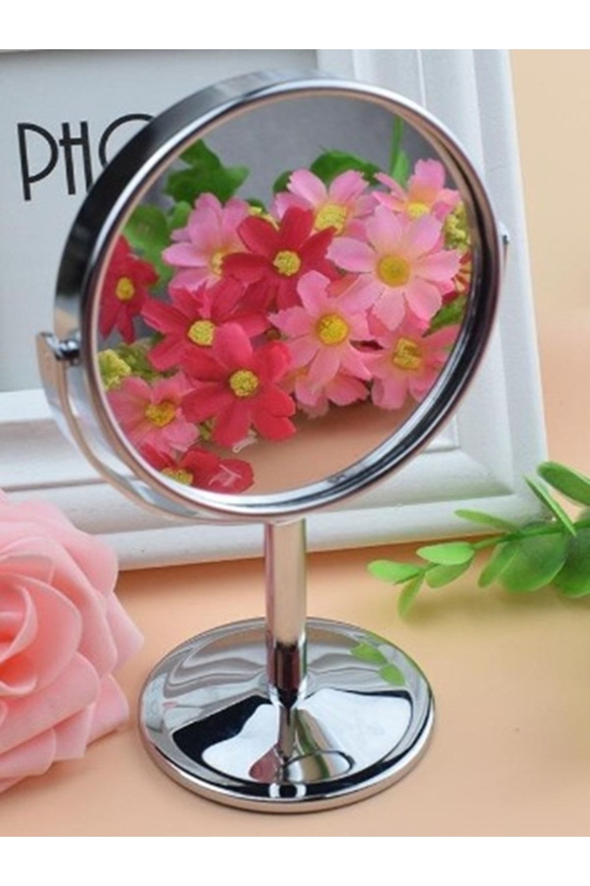 gaman Mini Boy Krom Kaplama 5x Büyüteçli Masa Aynası Dekoratif Makyaj Aynası Çift Taraflı Metal Ayaklı