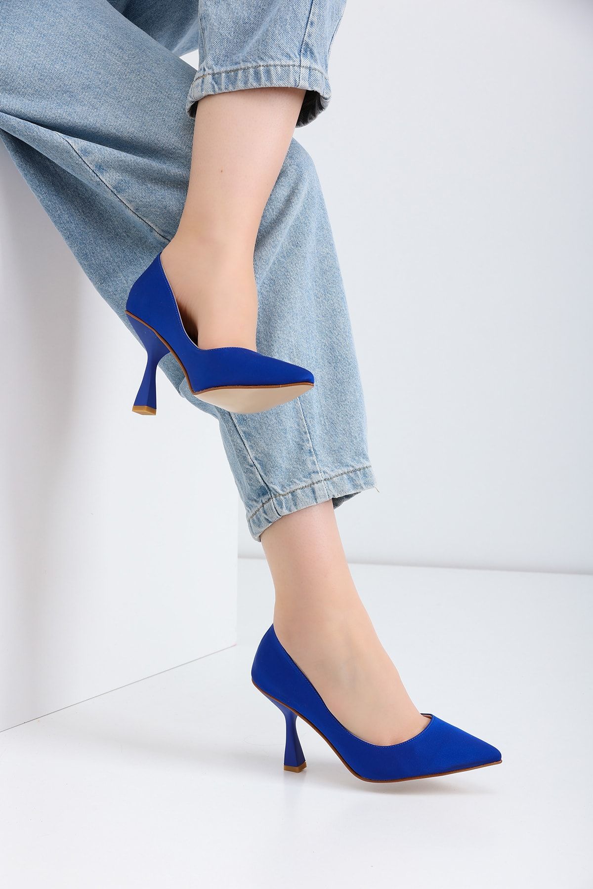 La Limar 8,5cm Saks Mavisi Mavisi Saten Stiletto Kadın Topuklu Ayakkabı