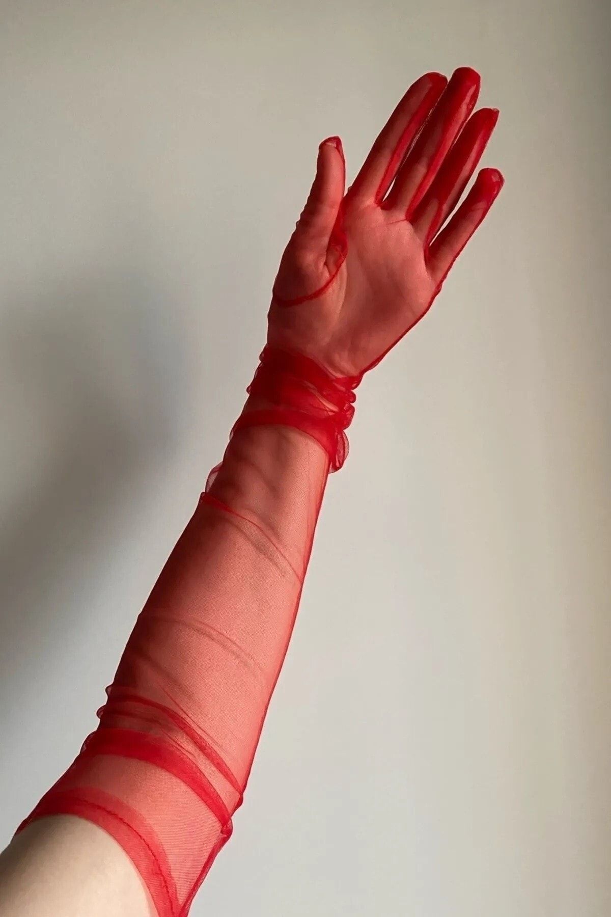 Hayalperest boncuk Kırmızı Gelin Eldiveni Uzun Tül Eldiven Kostüm Eldiveni
