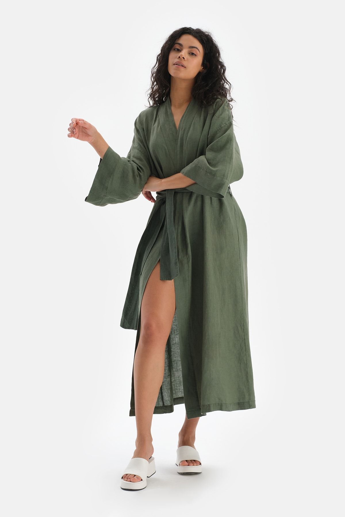 Dagi Yeşil Keten Uzun Kimono