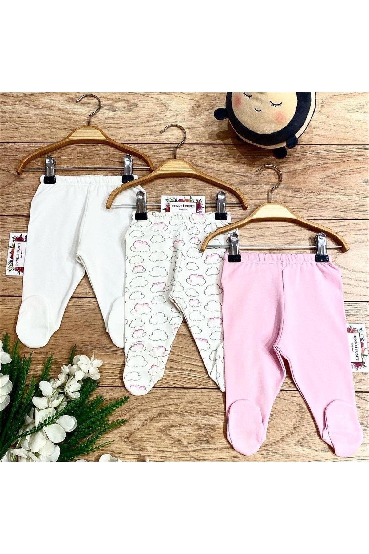 Renkli Puset 3'lü Organik Pamuklu Penye Bebek Pijama Alt Takım Bulut