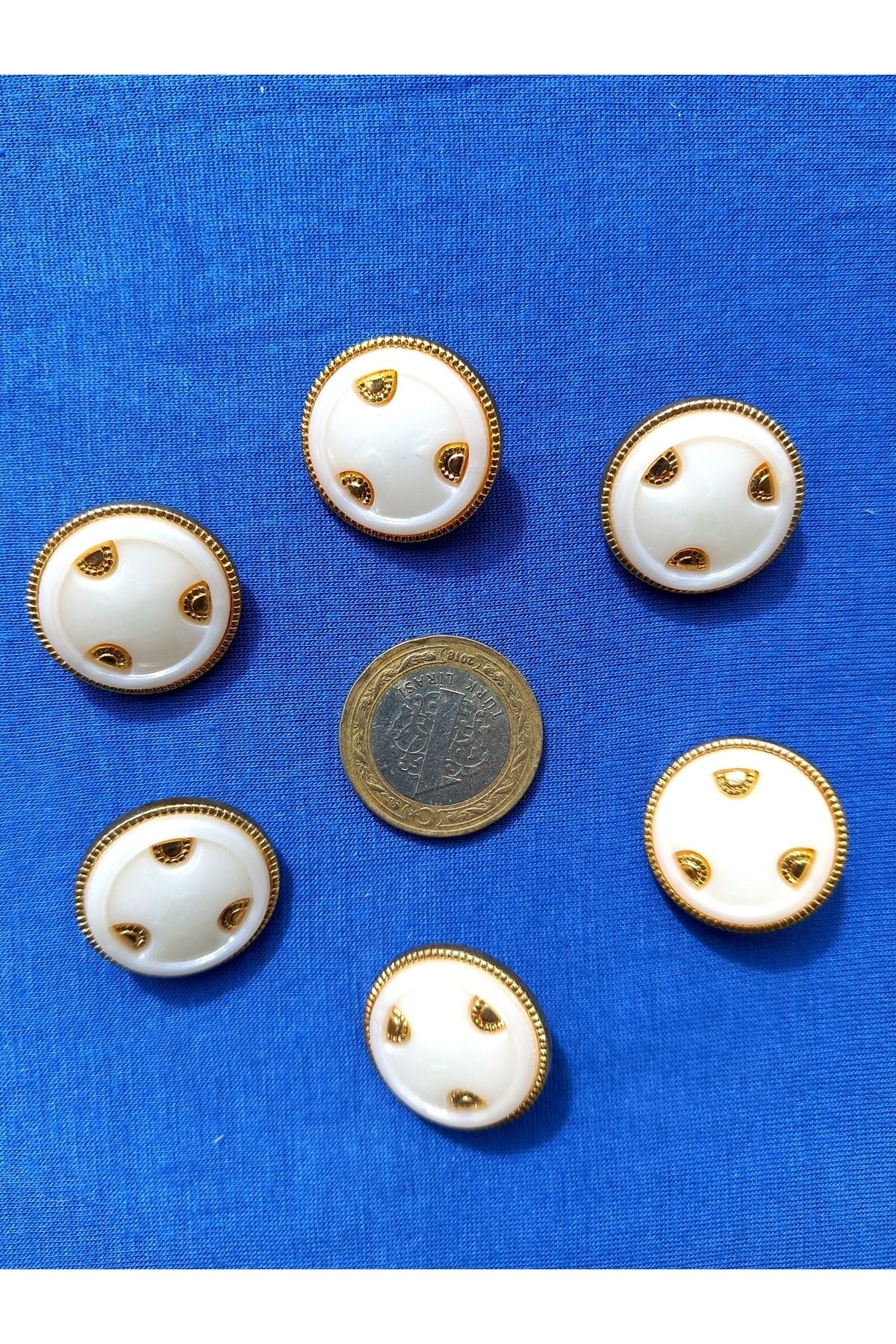 yörük tuhafiye Beyaz ,sedef, Gold Metalize Süslemeli Düğme 6 Adet .kaban, Pardösü,ceket Dügme No.16