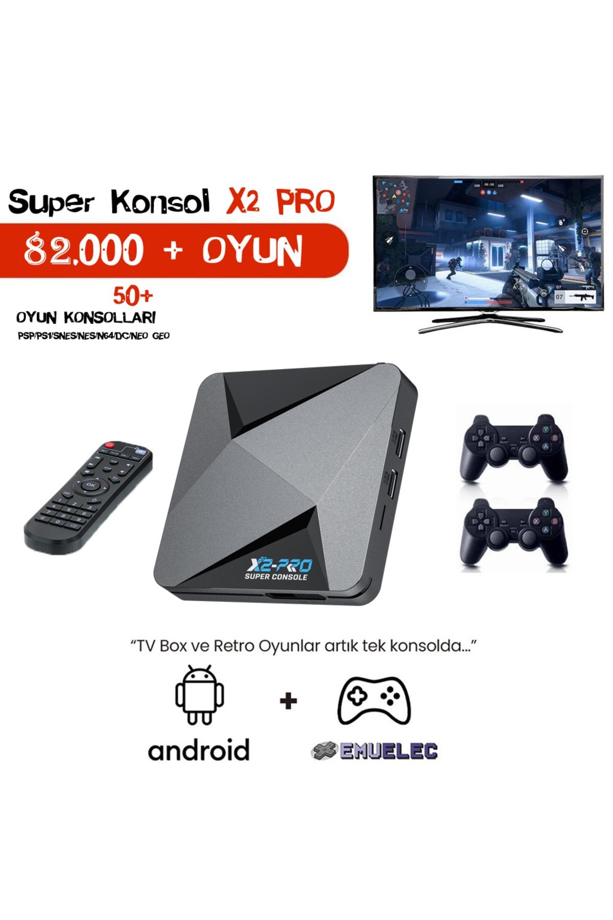Kinhank Super Konsol X2 Pro 64gb Çift Joystick 82.000+oyun 60+ Oyun Konsolu Psp/ps1/snes/nes/n64/dc