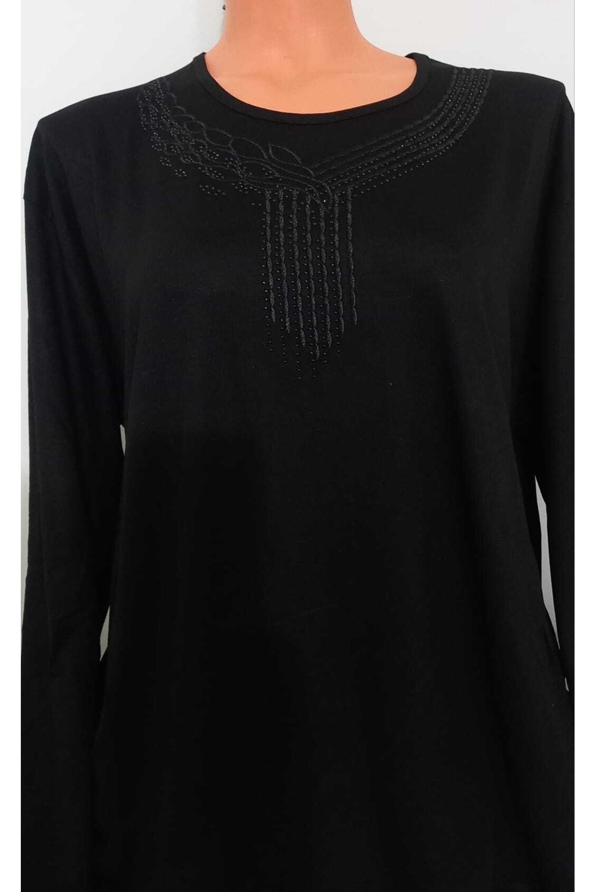 Anne Er Giyim Penye Bluz Battal Uzun Kollu Siyah