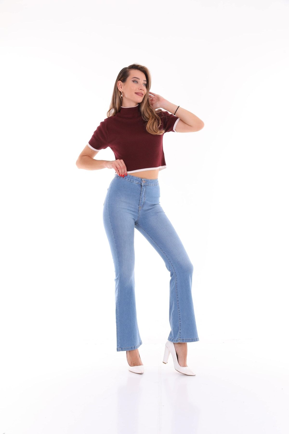BİKELİFE Kadın Buz Mavi Yüksek Bel Likrali Ispanyol Paça Jeans