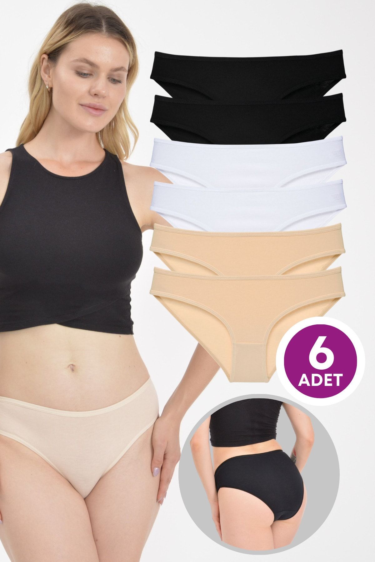 LadyMelex Kadın Bikini Külot Esnek Pamuklu Kumaş Siyah Beyaz Ten 6'lı Paket