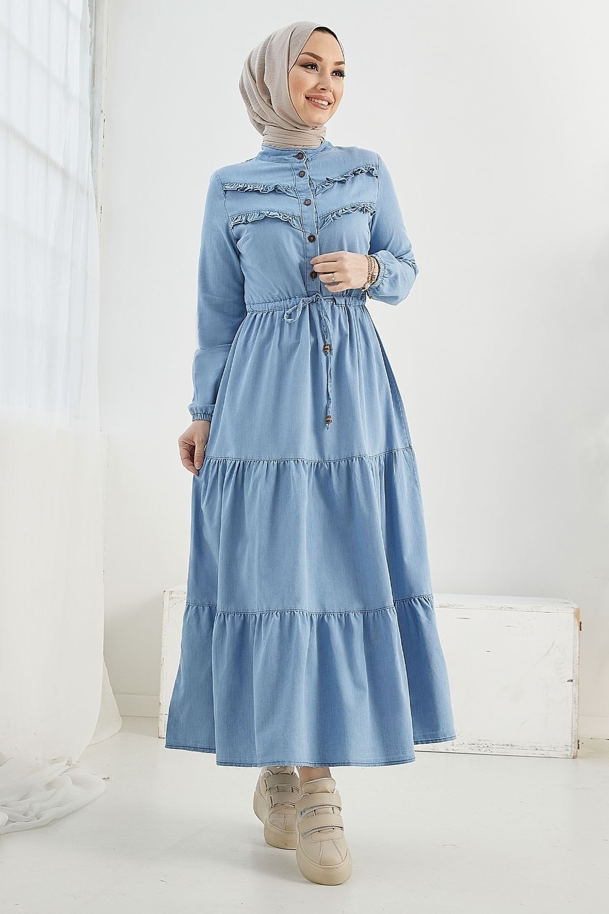 InStyle Felen Fırfır Detaylı Kot Tesettür Elbise - Açık Mavi