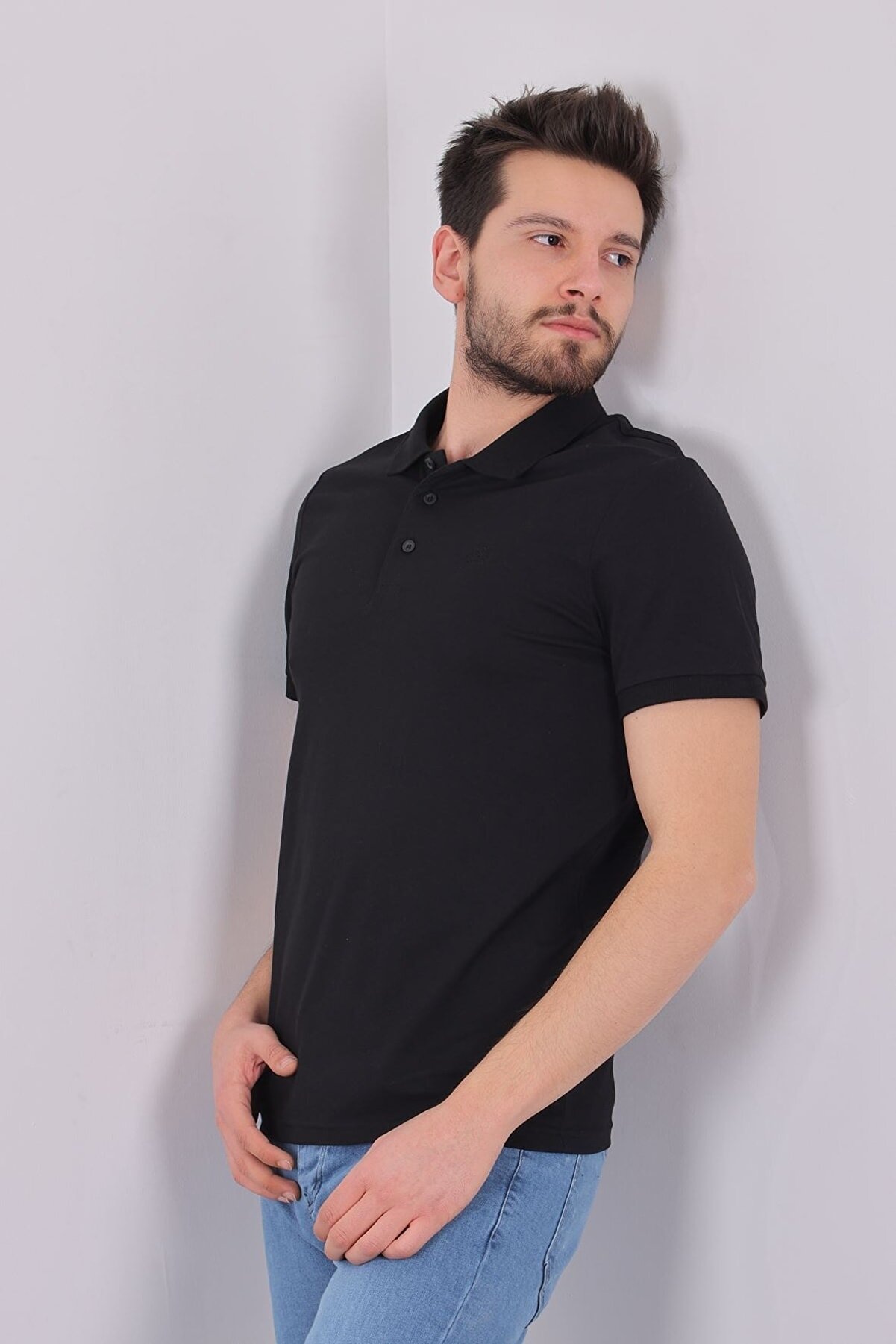 GİYSA Erkek Siyah Likralı Polo Yaka T-shirt 2061-4613