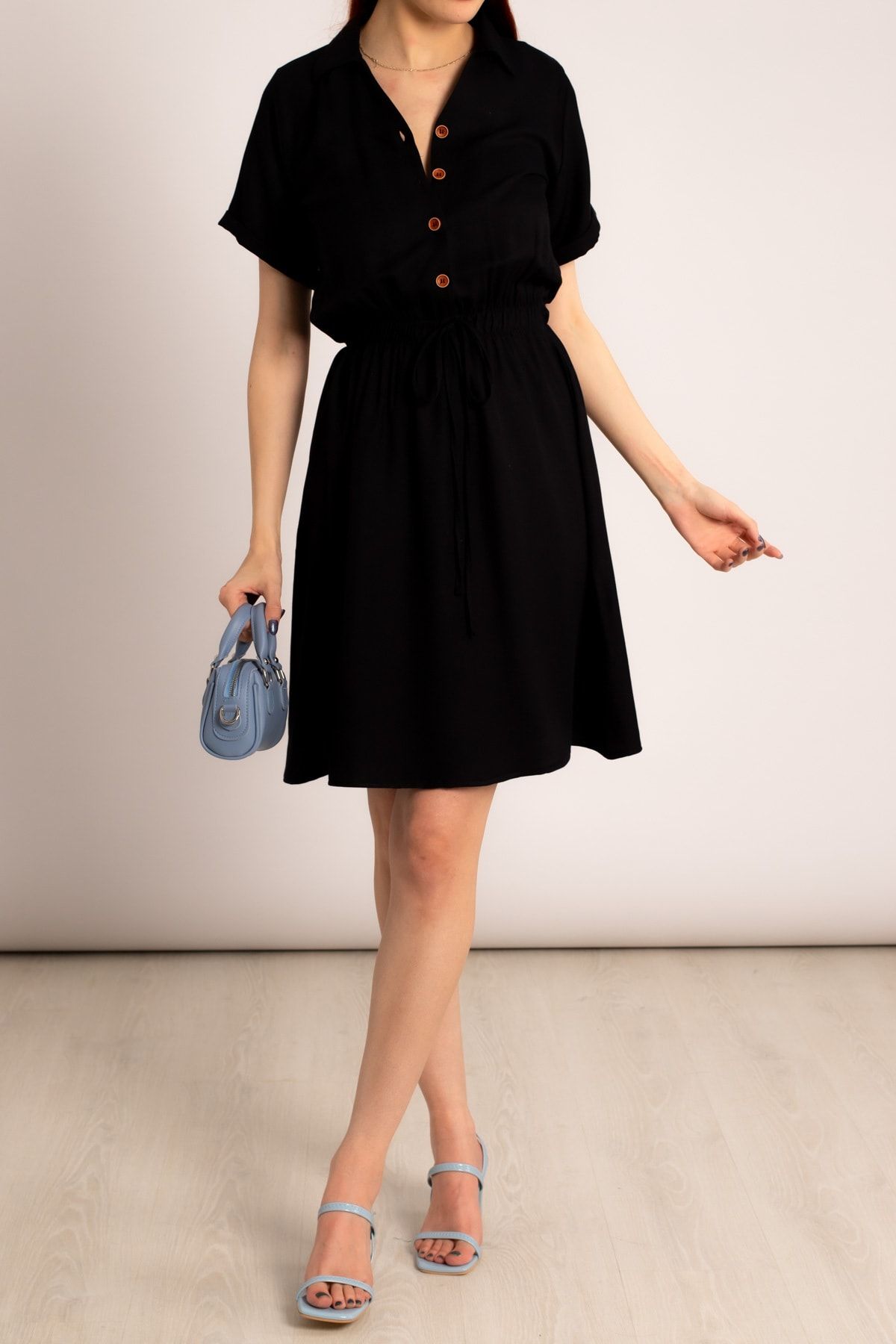 armonika Kadın Siyah Beli Lastikli Kısa Kol Gömlek Elbise Arm-23y001035