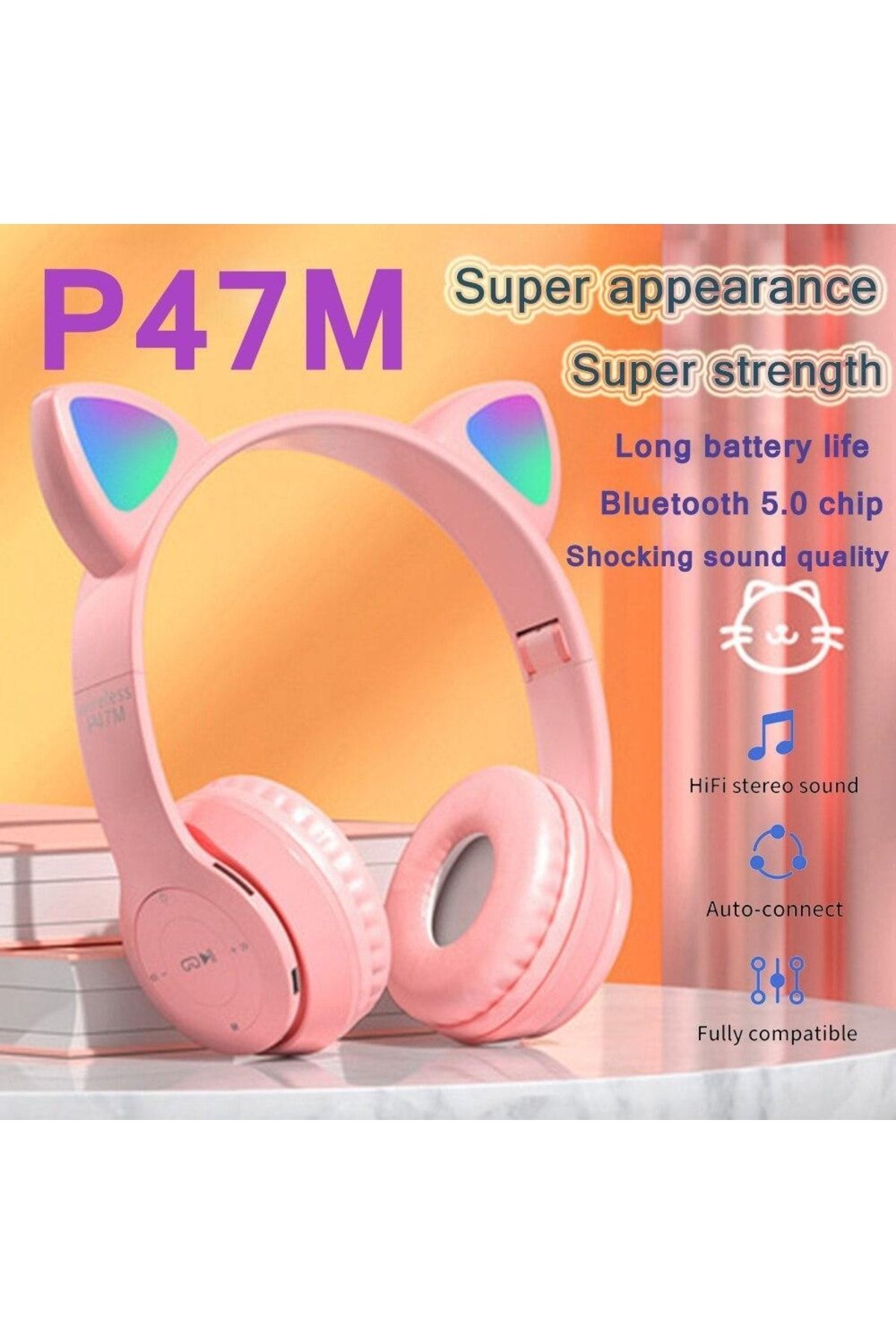 peltech P47-m Kablosuz Bluetooth 5.0 Led Işıklı Kedili Çocuk Pembe