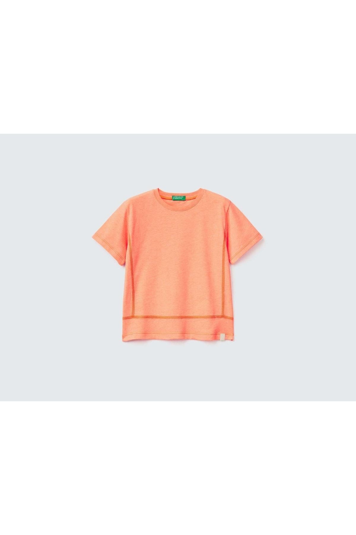 United Colors of Benetton Erkek Çocuk Turuncu Dikiş Detaylı Etiket Logolu T-shirt