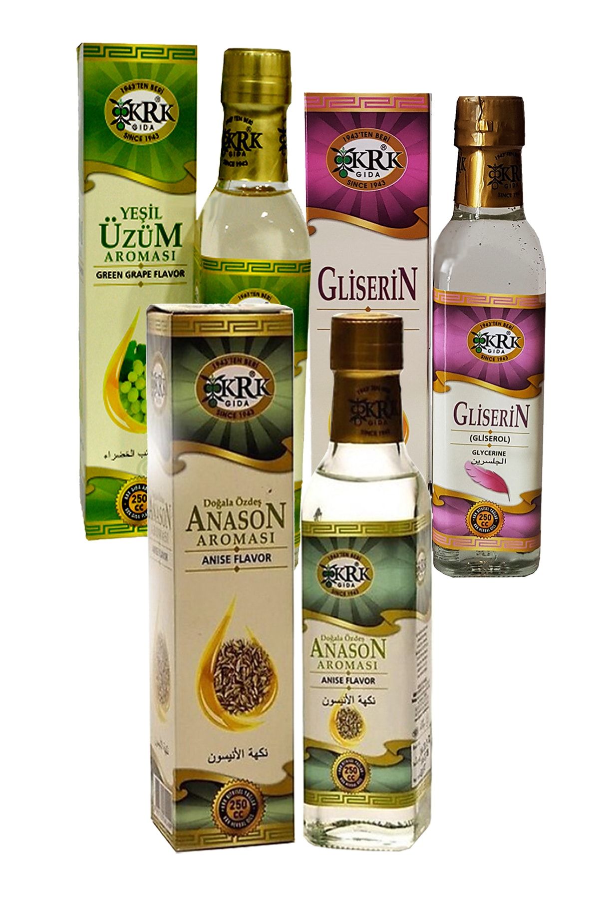 Krk Gıda Krk Anason Aroması 250 ml Yeşil Üzüm Aroması 250 ml Gliserin 250 ml Cam Şişelerde 3 Çeşit Aroma