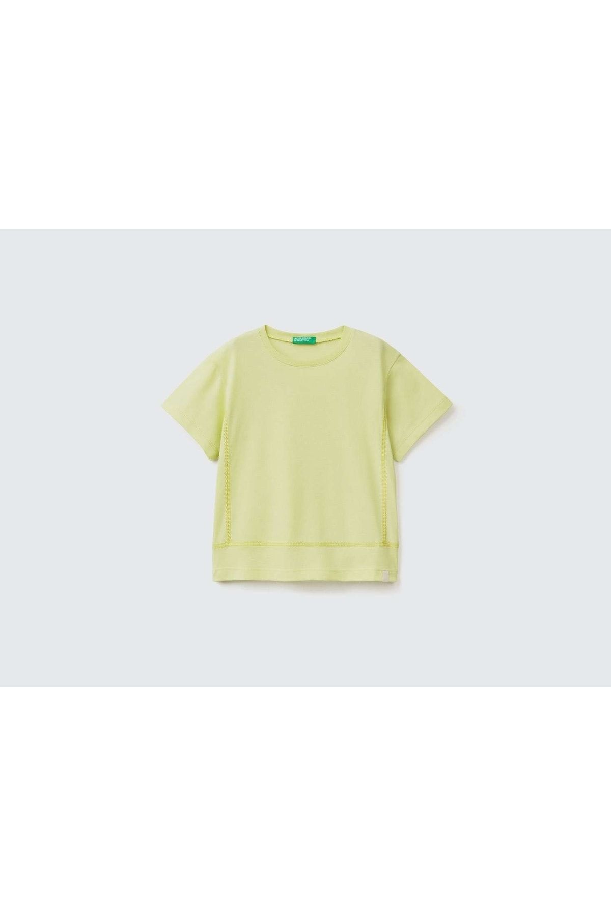 United Colors of Benetton Erkek Çocuk Açık Sarı Dikiş Detaylı Etiket Logolu T-shirt