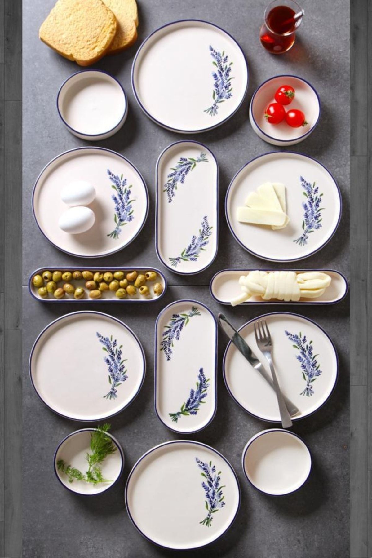 Çavdar Group 14 Parça 6 Kişilik Stackable Lavanta Desen Kahvaltı Takımı Handmade Özel Tasarım Kahvaltılık