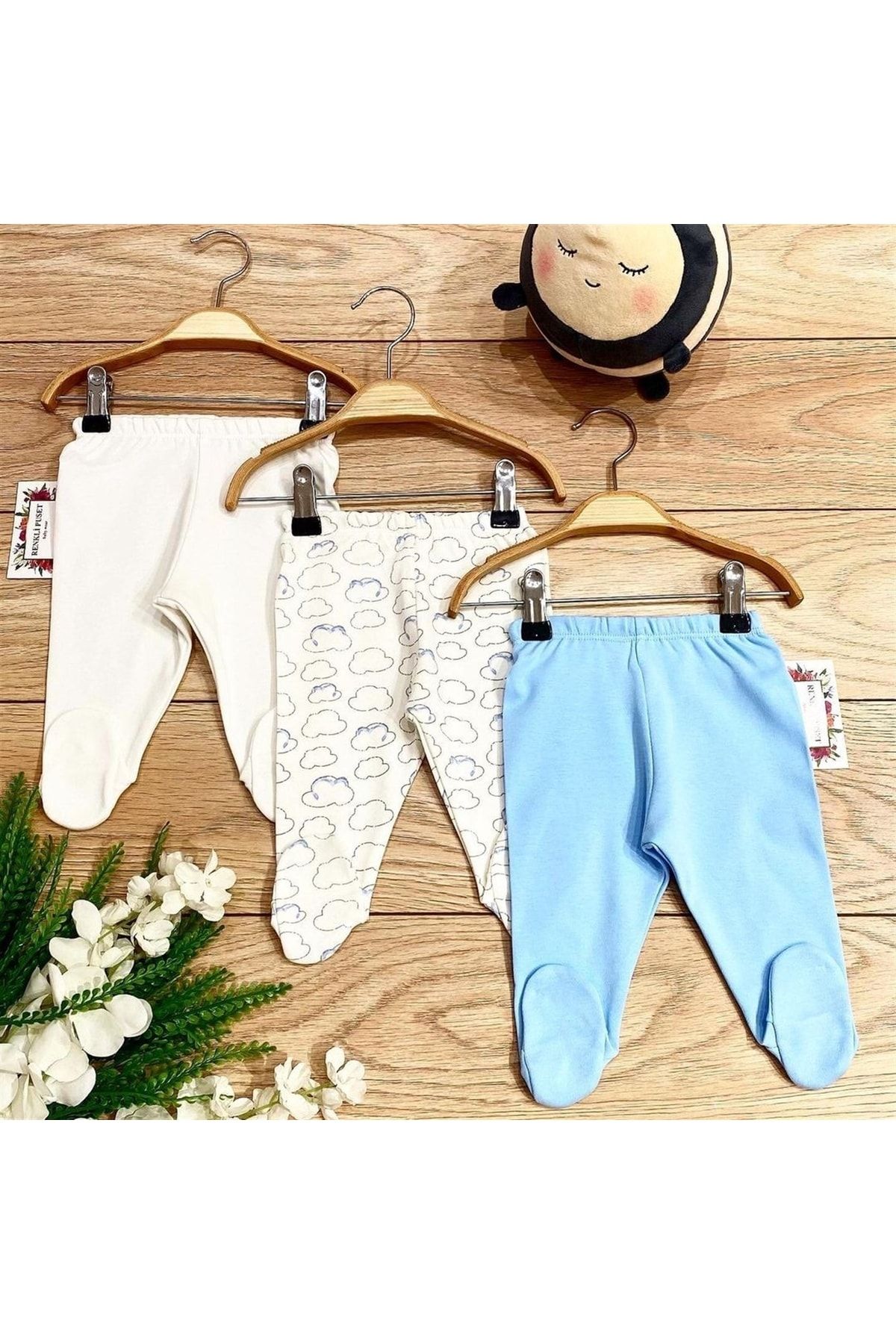 Renkli Puset Organik Pamuklu 3'lü Penye Bebek Pijama Alt Takım Bulut Mavi Pembe Kahverengi