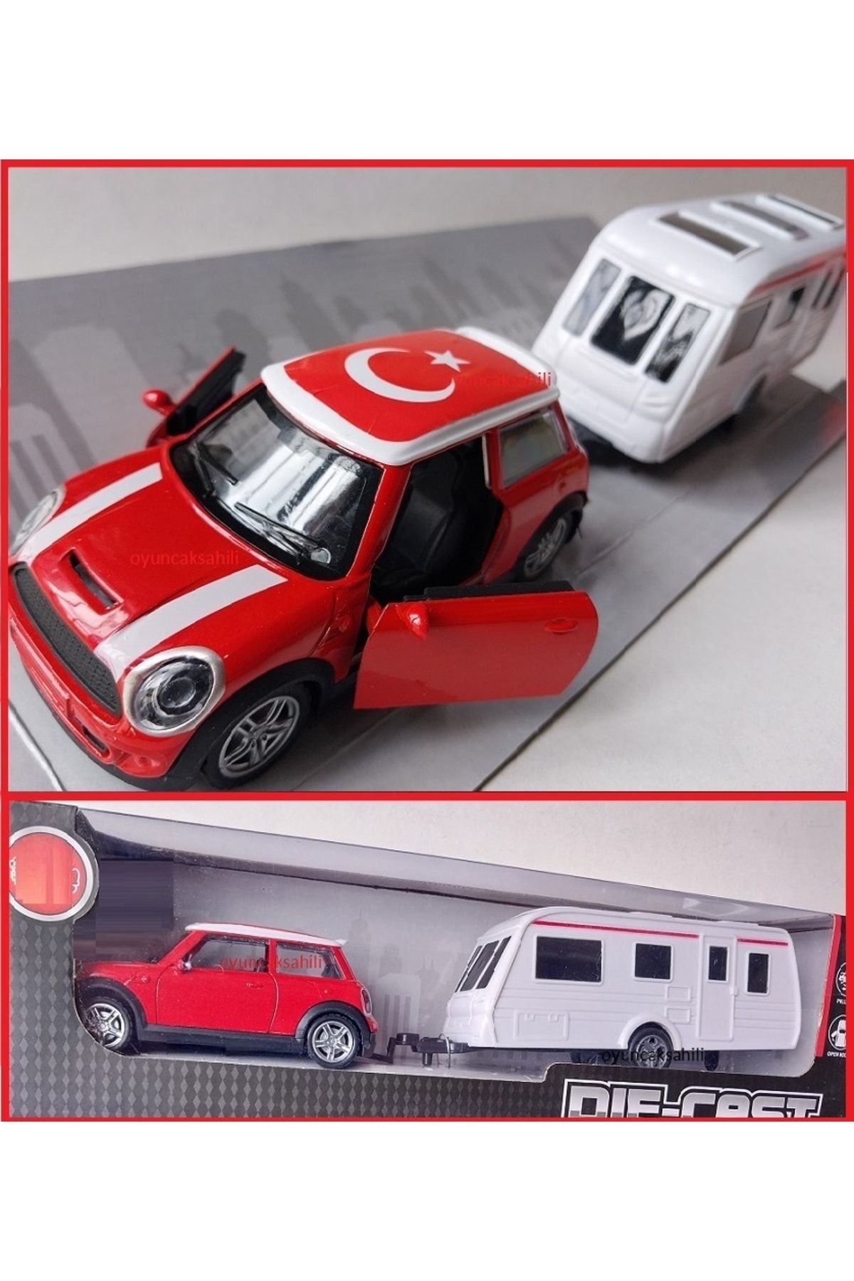 OYUNCAKSAHİLİ Karavan Ve Metal Mini Cooper Kapıları Açılır Cekbırak Oyuncak 2li Model Karavan Red-co
