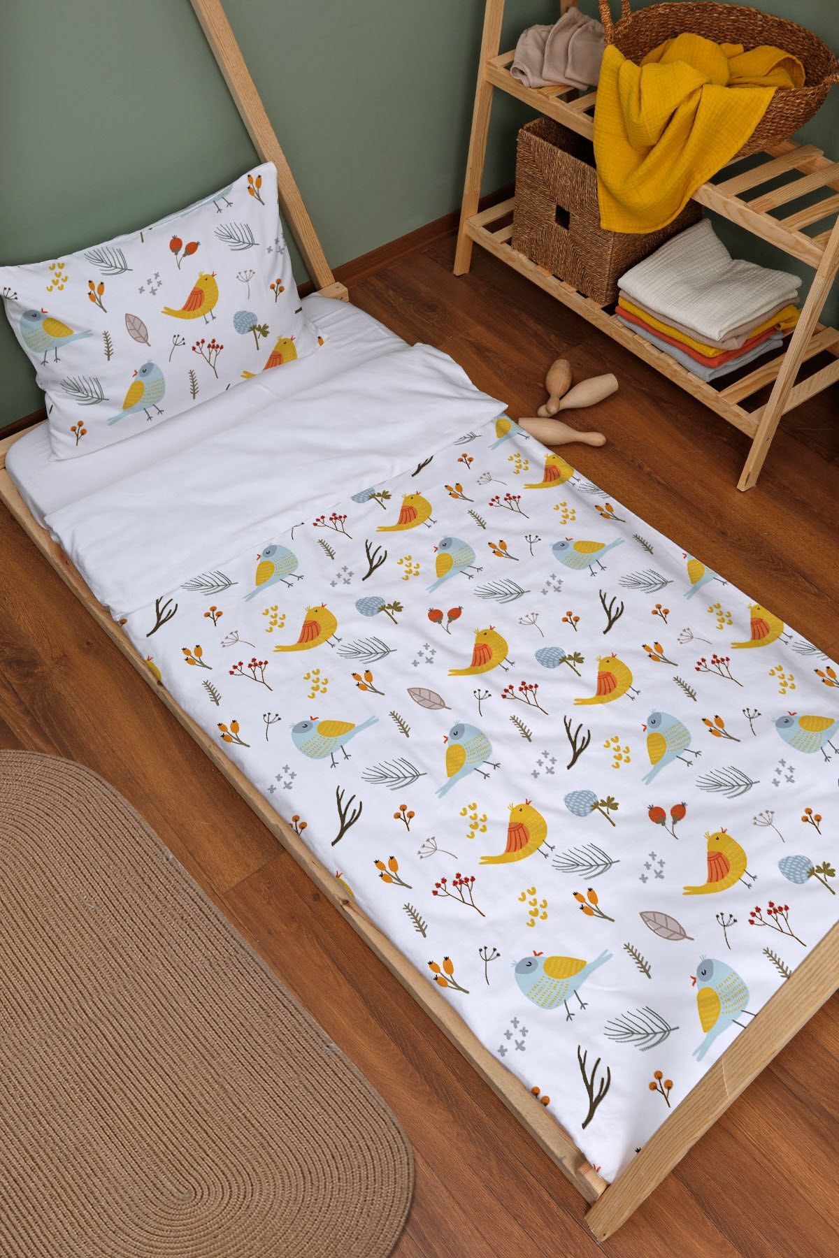 Tuğba Kuğu Organik Montessori Nevresim Takımı (100X200) - Pure Baby Serisi - Vintage Kuşlar