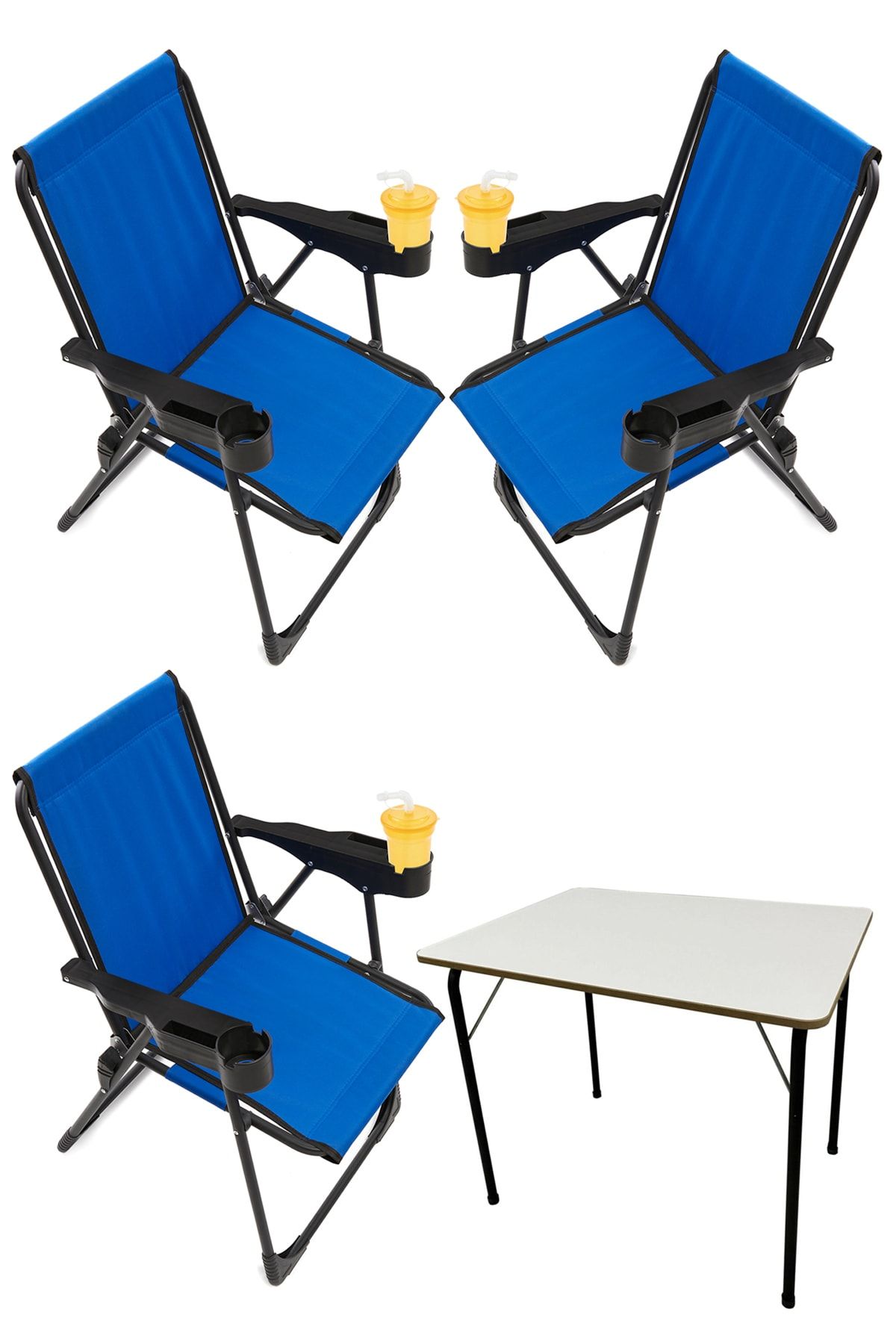 moniev Silva 3 Adet Kamp Sandalyesi Bardaklıklı Lüks Piknik Sandalye Mavi + Katlanır Mdf Masa