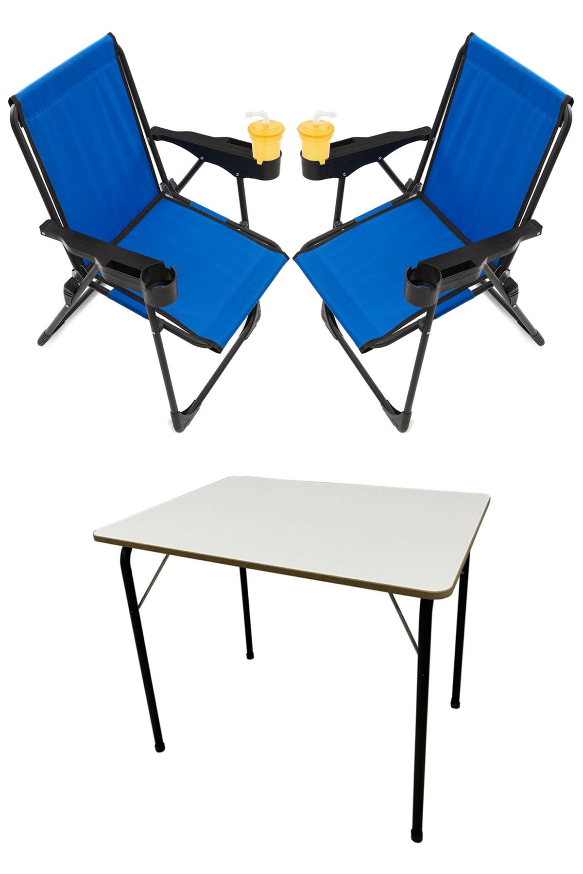 moniev Silva 2 Adet Kamp Sandalyesi Bardaklıklı Lüks Piknik Sandalye Mavi + Katlanır Mdf Masa