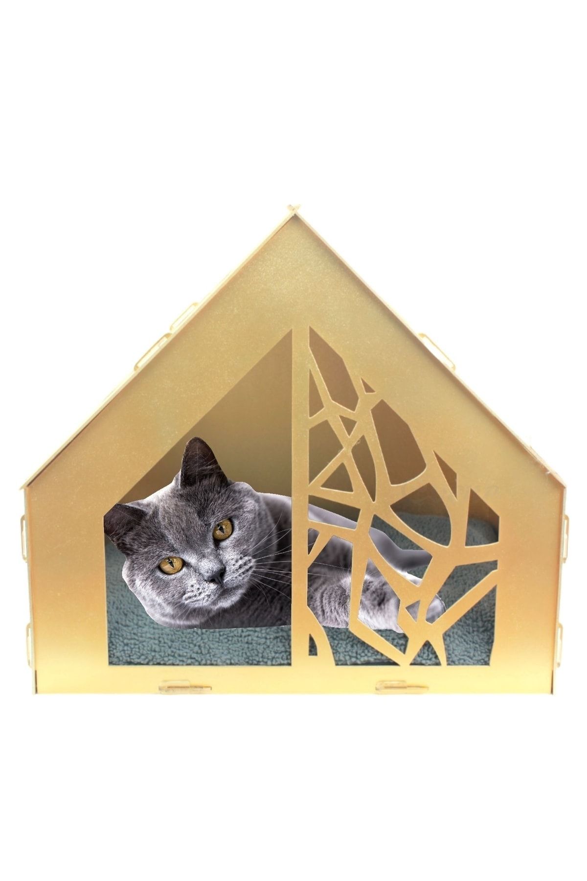 Evene Büyük Kedi Evi Dekoratif Ahşap Dayanıklı Altın Renk 50x35 Cm Kedi Yatağı Seperatör Model