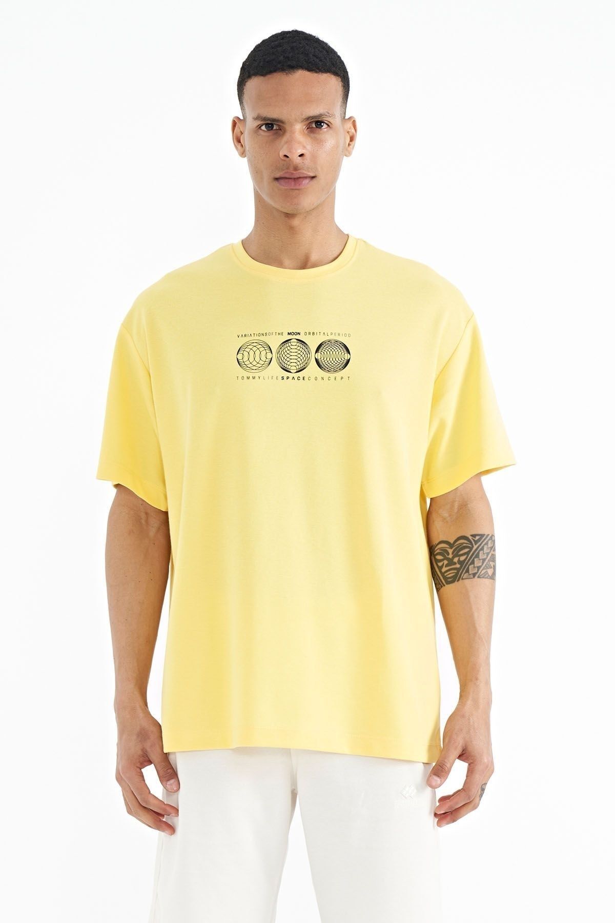 TOMMY LIFE Sarı Ön Arka Baskılı O Yaka Oversize Erkek T-shirt - 88224