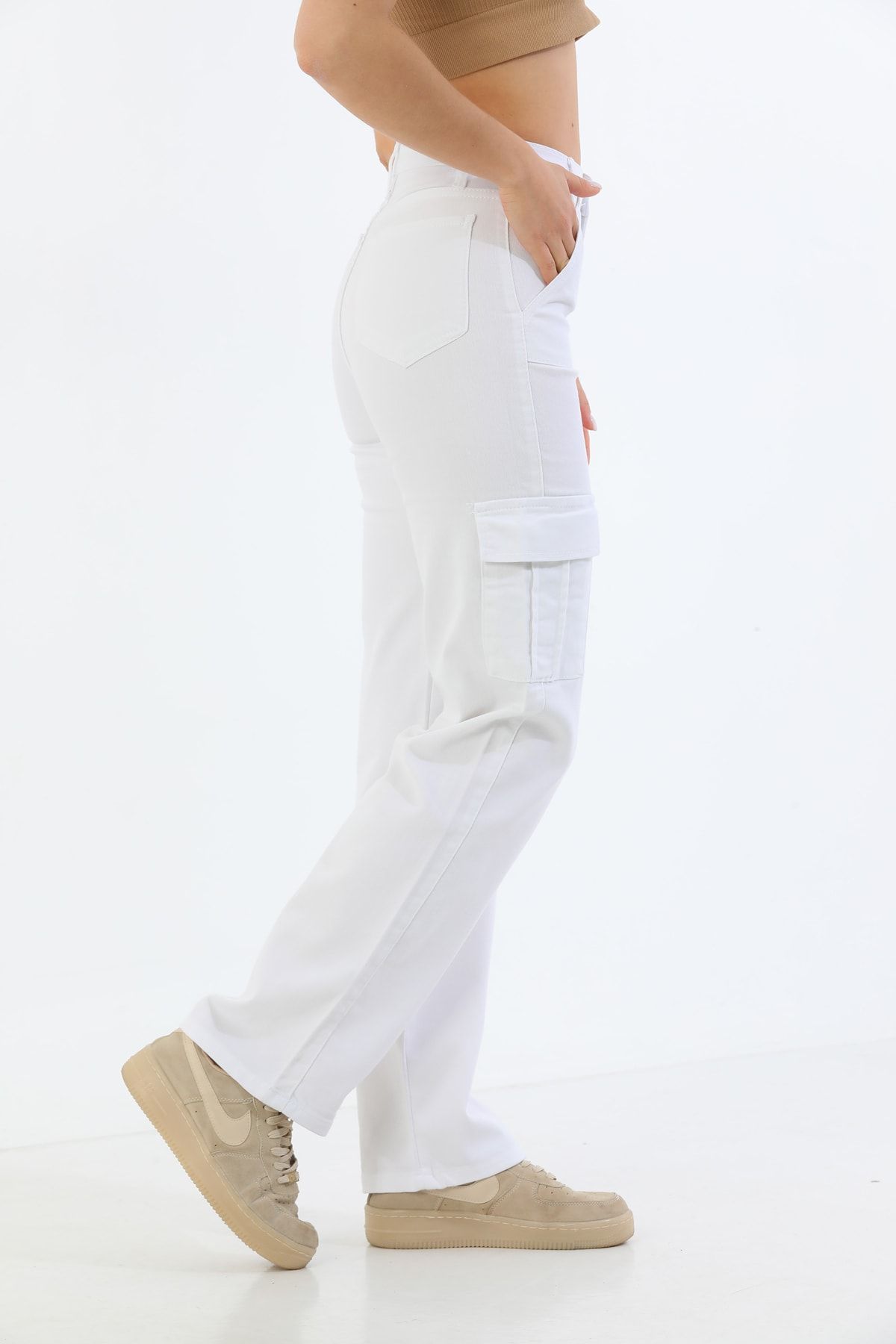 BİKELİFE Beyaz Kargo Cepli Likralı Yüksek Bel Wide Leg Pantolon