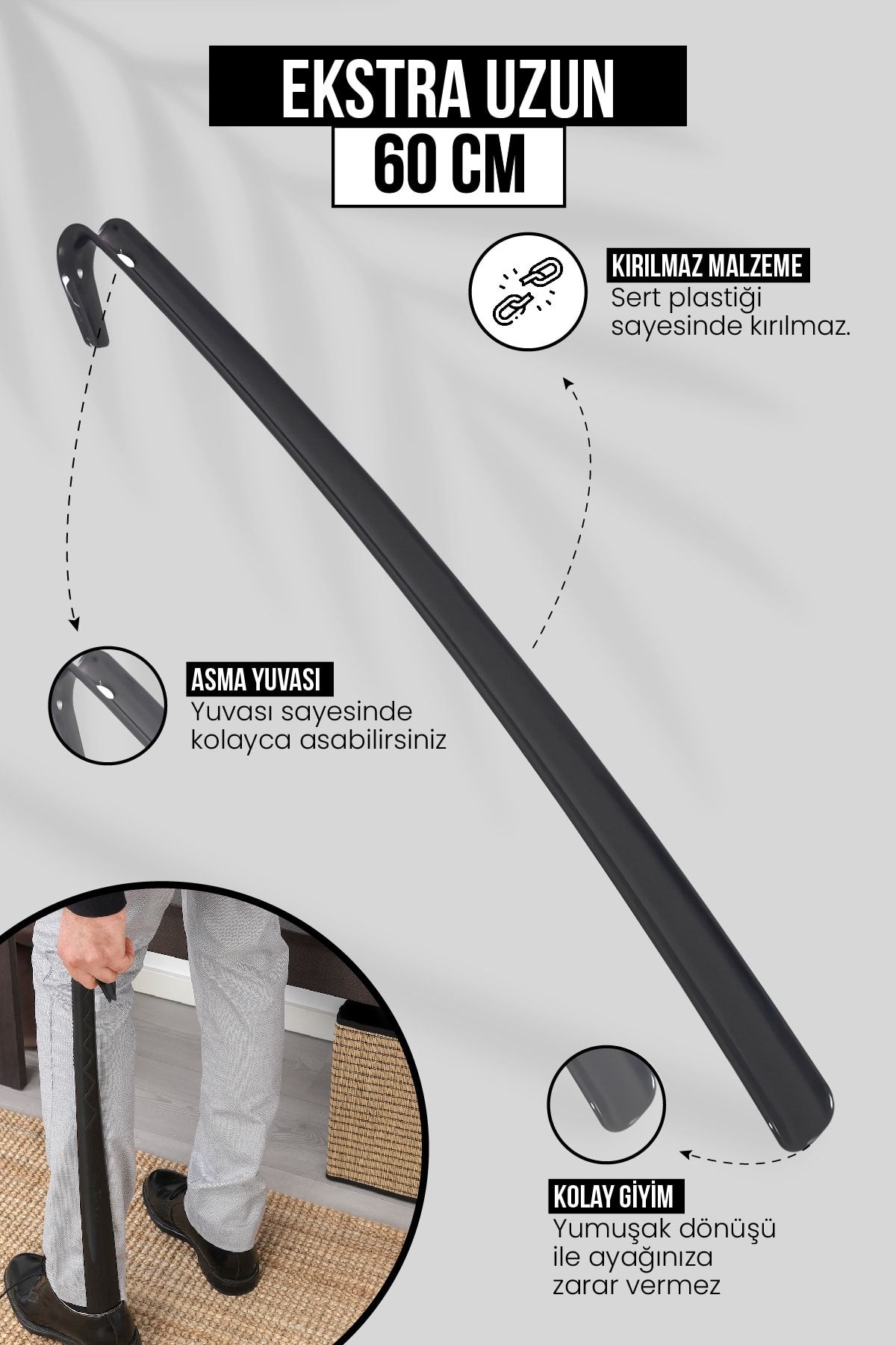 Orvila 60 Cm Siyah Ayakkabı Çekeceği | Sert Plastik Asılabilir Çekecek Yumuşak Kerata Uzun