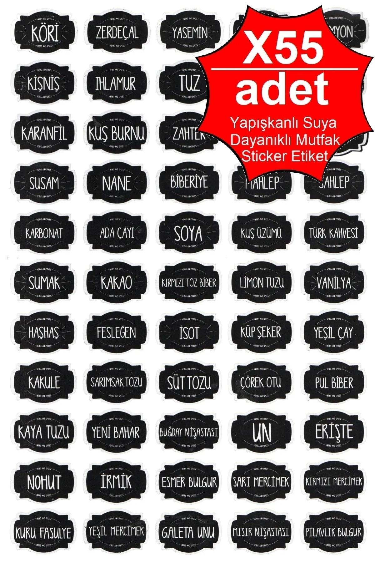 Trouvaille Mutfak Baharatlık Bakliyat Kavanoz Etiketi Yapışkanlı Selefonlu Suya Dayanıklı 55 Li Sticker Etiket