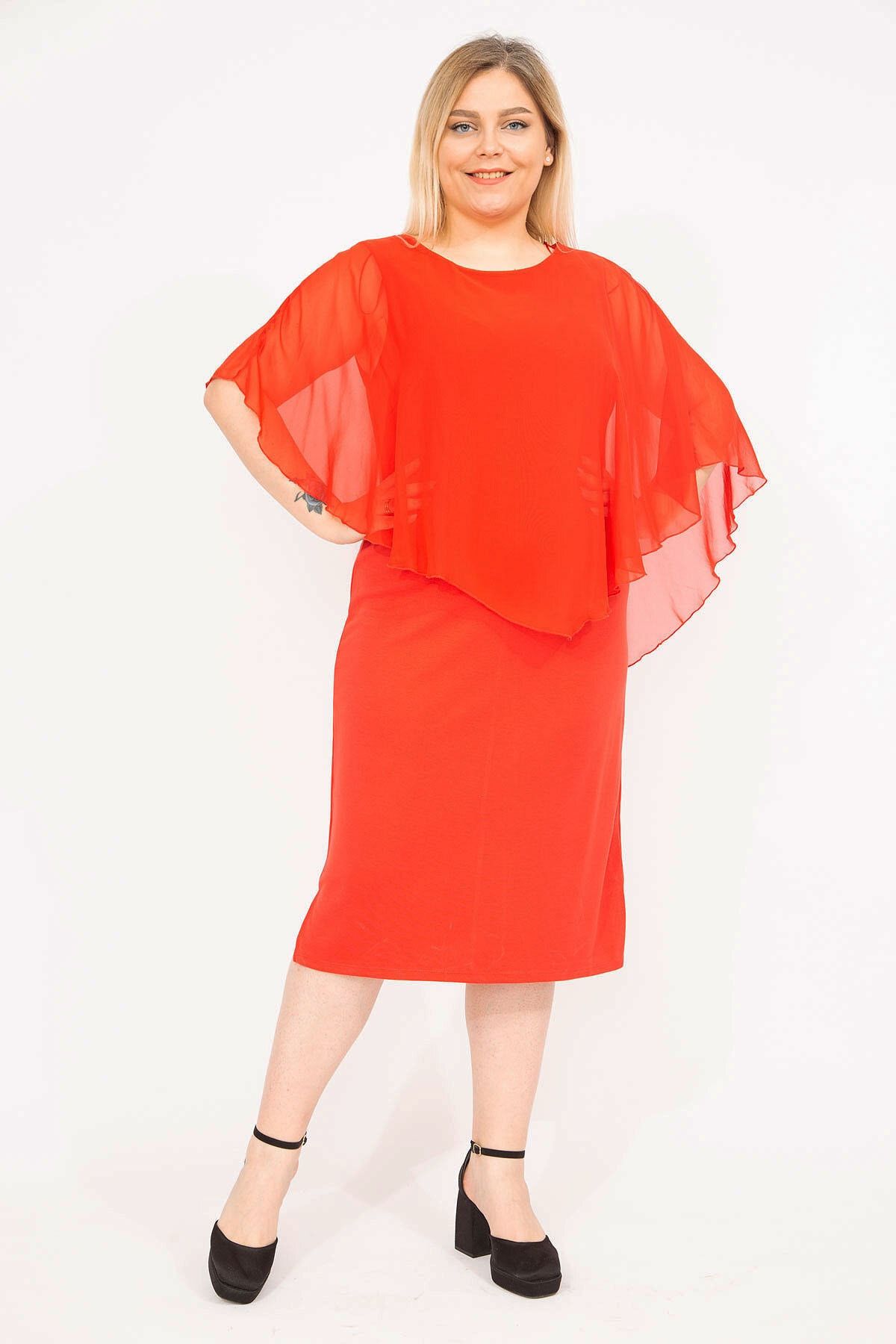 Şans Kadın Kırmızı Büyük Beden Şifon Pelerinli Elbise 65n35811