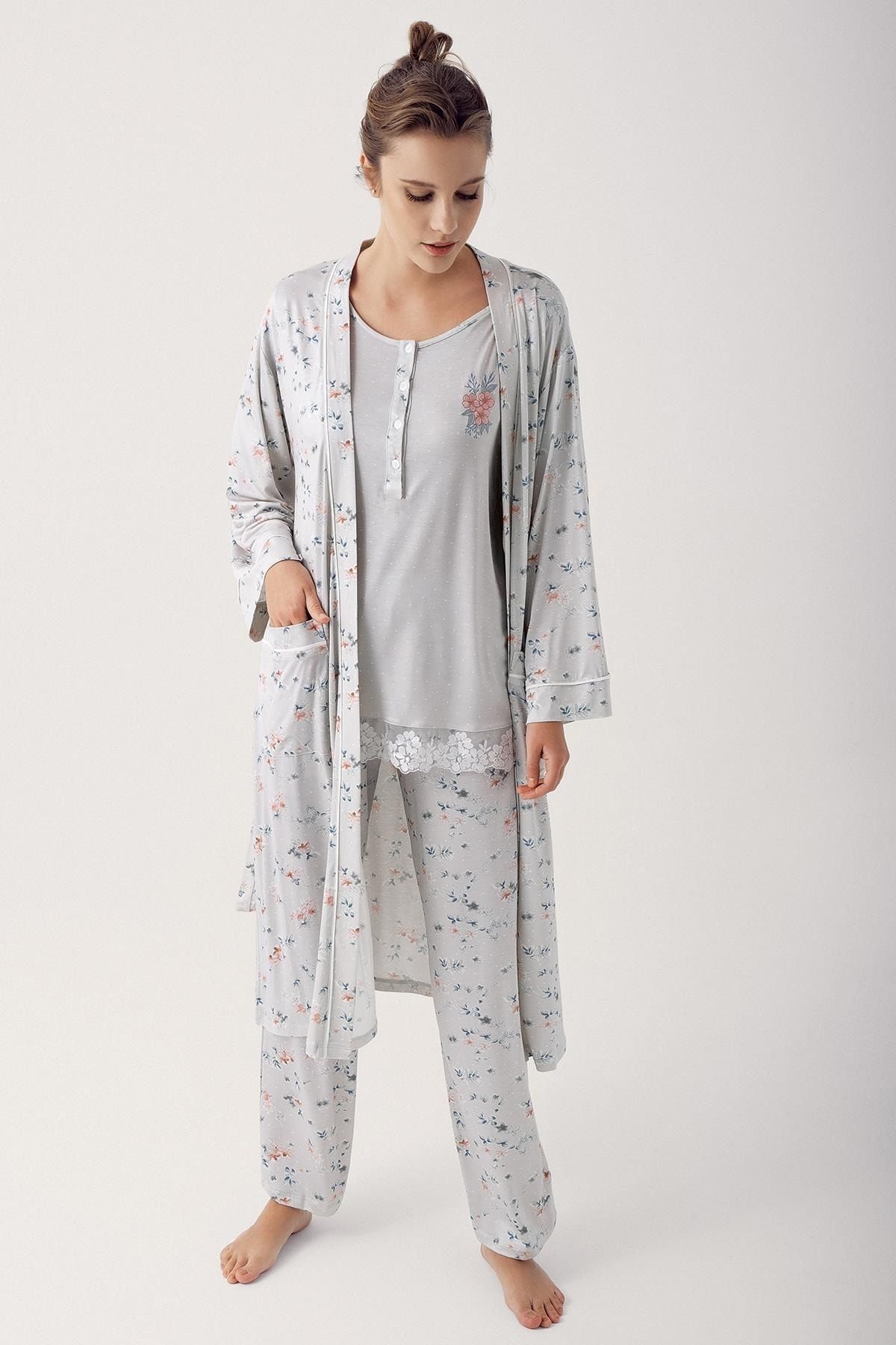 Artış Desenli Likralı Viskon Sabahlık Pijama Takım 14305