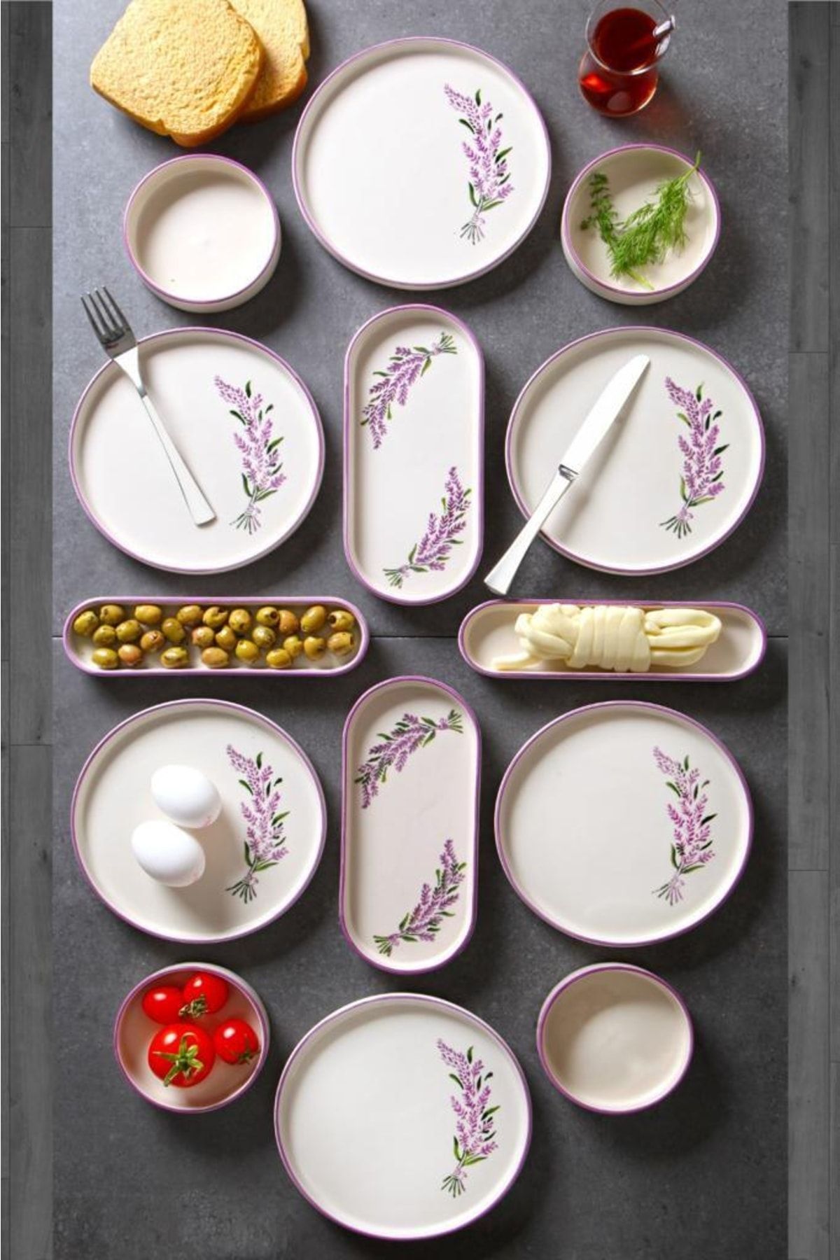 Çavdar Group 14 Parça 6 Kişilik Stackable Lavanta Desen Kahvaltı Takımı Handmade Özel Tasarım Kahvaltılık