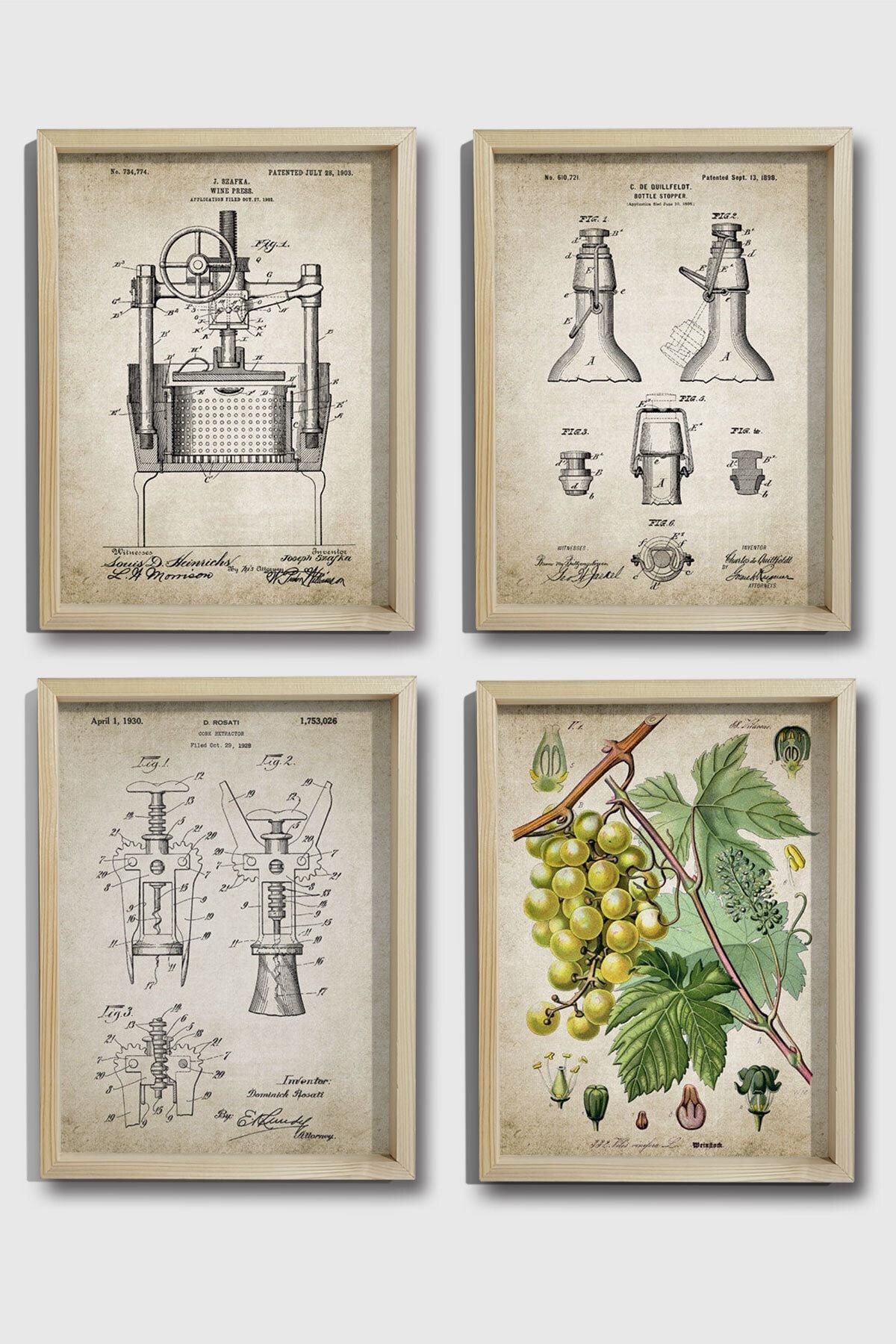 Dekor Loft Doğal Çam Çerçeveli Duvar Tablosu Şarap Mahseni Patent Seti 1898 Yılı