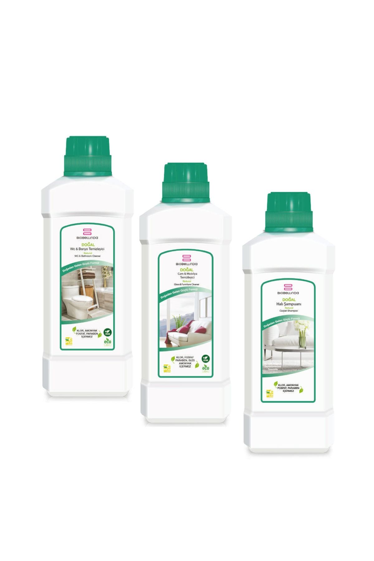 BioBellinda Wc & Banyo Temizleyici + Cam & Mobilya Temizleyici + Halı Şampuanı