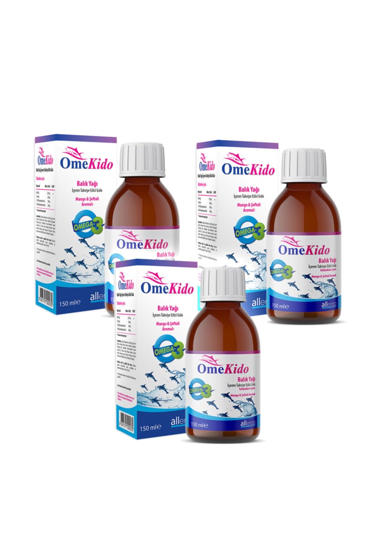 Allergo Omekido Mango Şeftali Aromalı Omega 3 Balık Yağı 150 ml  3 Adet