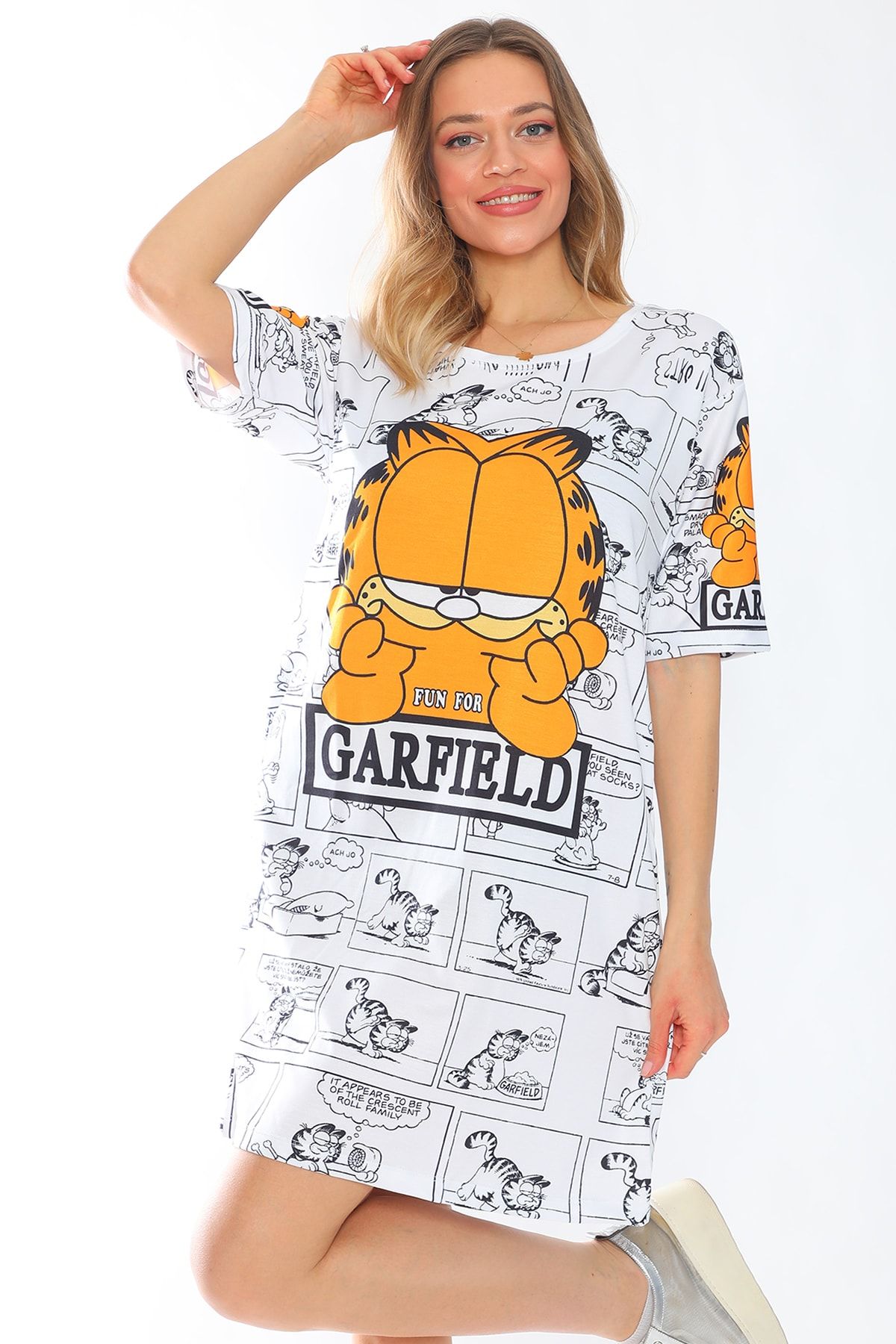 PodiumStar Garfield Baskılı Kısa Kollu Pamuklu Likralı Rahat Kesim Elbise