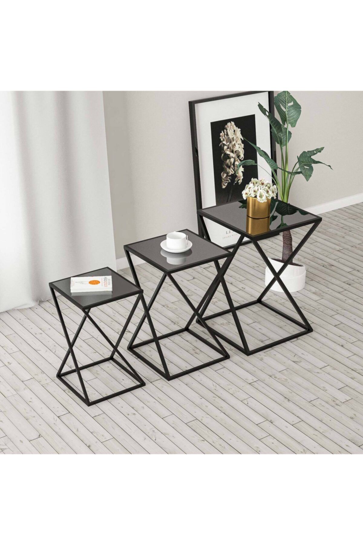tino furniture Mat Siyah 3'lü Yan Sehpa Siyah Füme Aynalı Metal Ayaklı Yan Sehpa