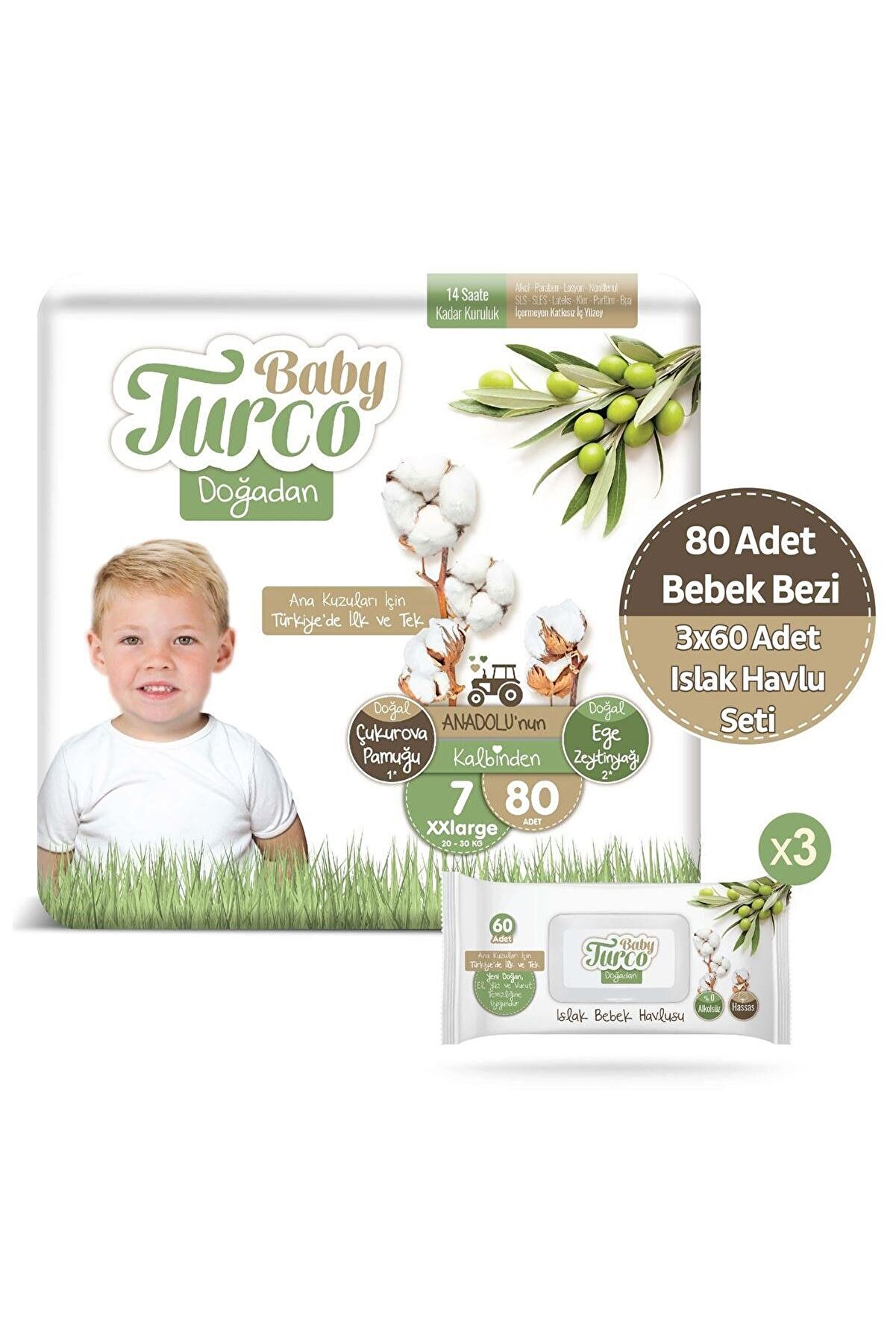 Baby Turco Doğadan 7 Numara Xxlarge 80 Adet + 3x60 Doğadan Islak Havlu